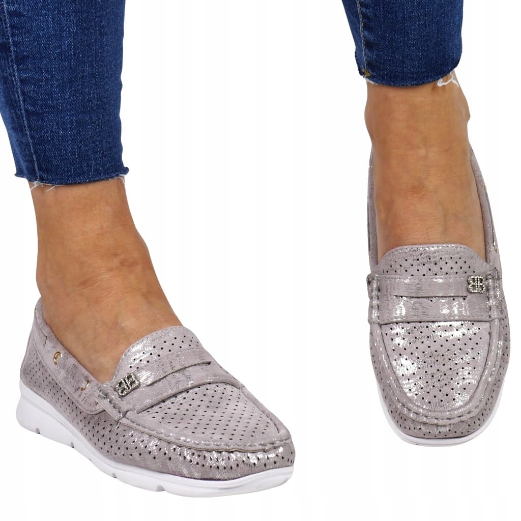 PÓŁBUTY AŻUROWE DAMSKIE MOKASYNY BUTY WKŁADKA SKÓRA SREBRNE LEKKIE Wzór dominujący bez wzoru