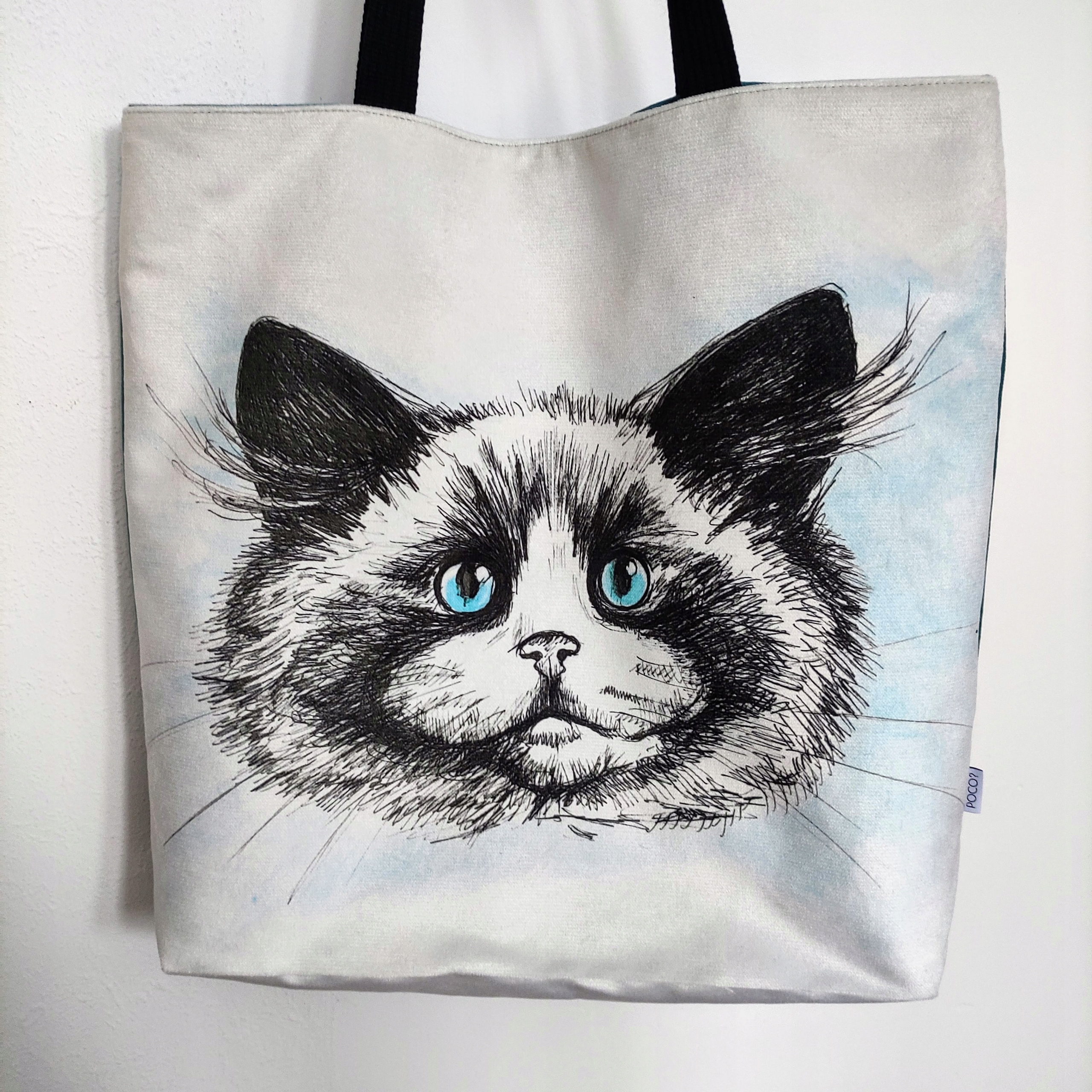 Velurová taška s potiskem Bílá kočka