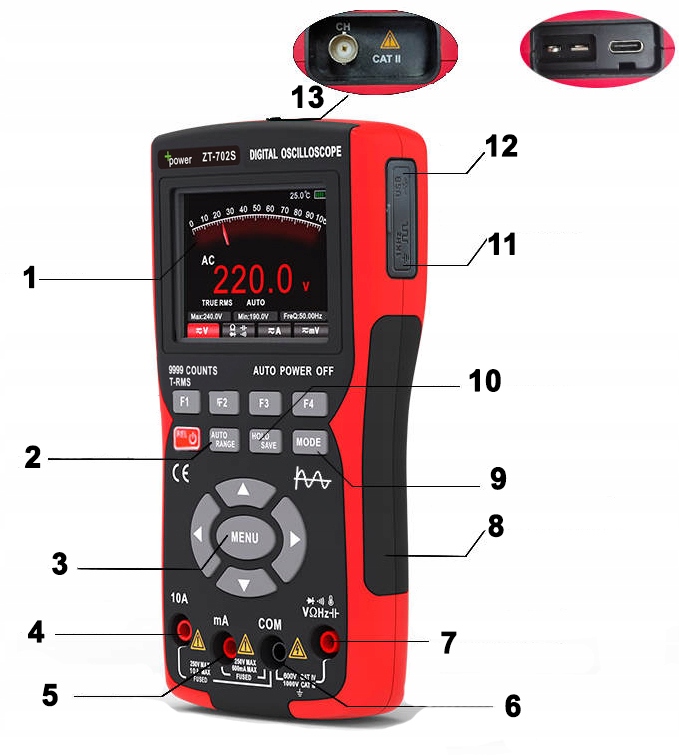 Miernik Multimetr cyfrowy Oscyloskop 2w1 +Power ZT-702S Model ZT-702S