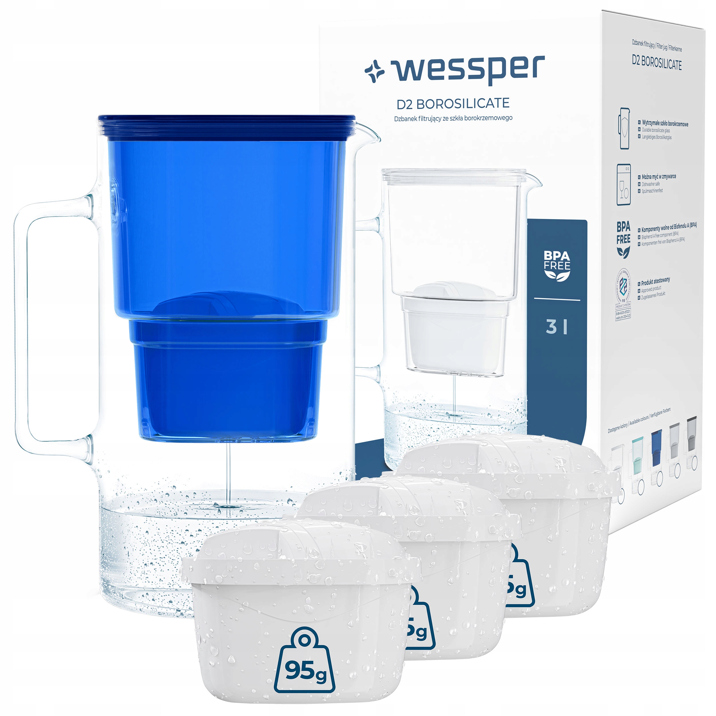 DZBANEK SZKLANY WESSPER D2 BOROSILICATE 3l + 4x FILTR WKŁAD WODY WESSPER