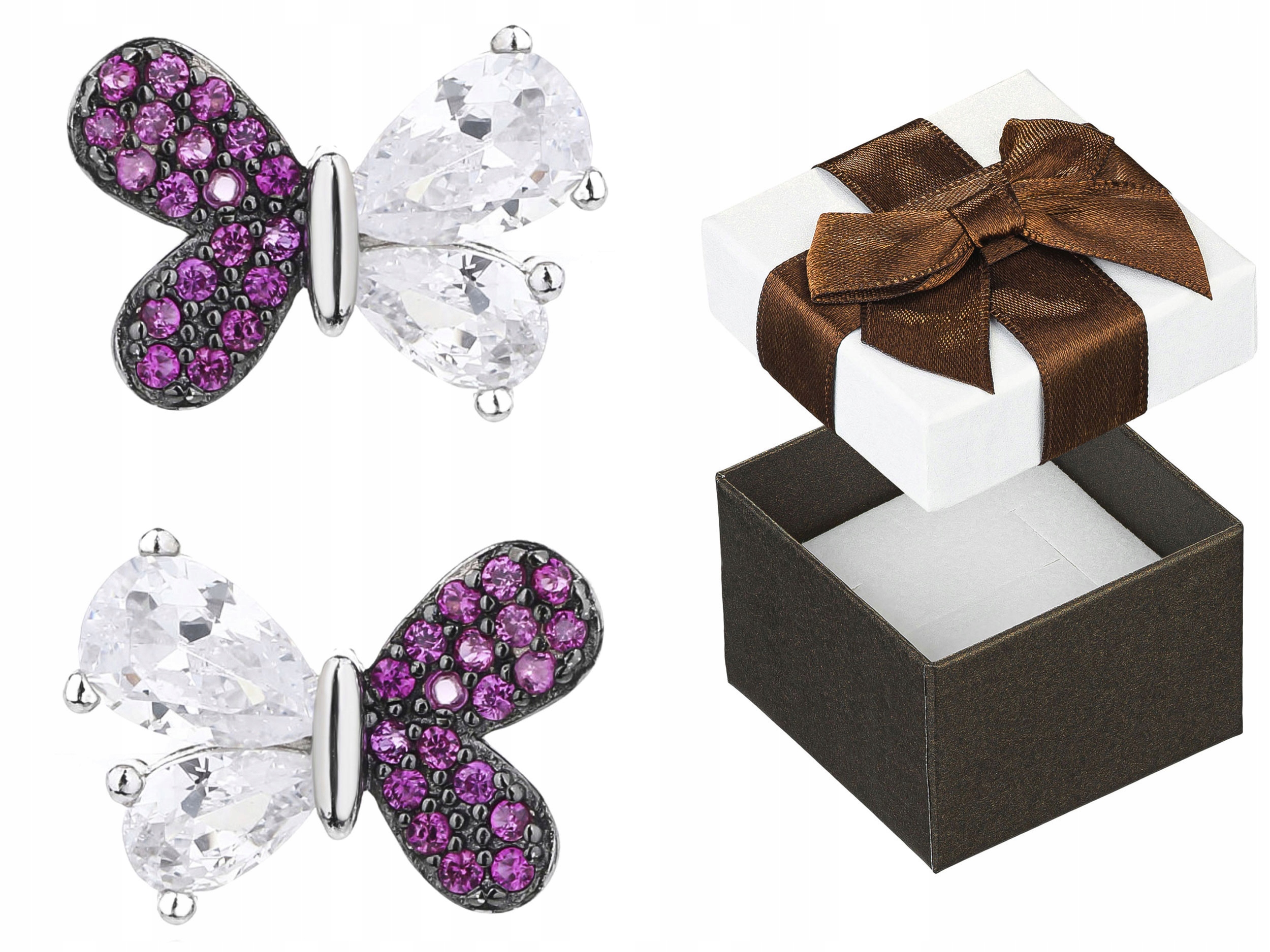 Stříbrné Náušnice puzetky motýlci s růžovými zirkony, rhodiované, dámské, Ag 925