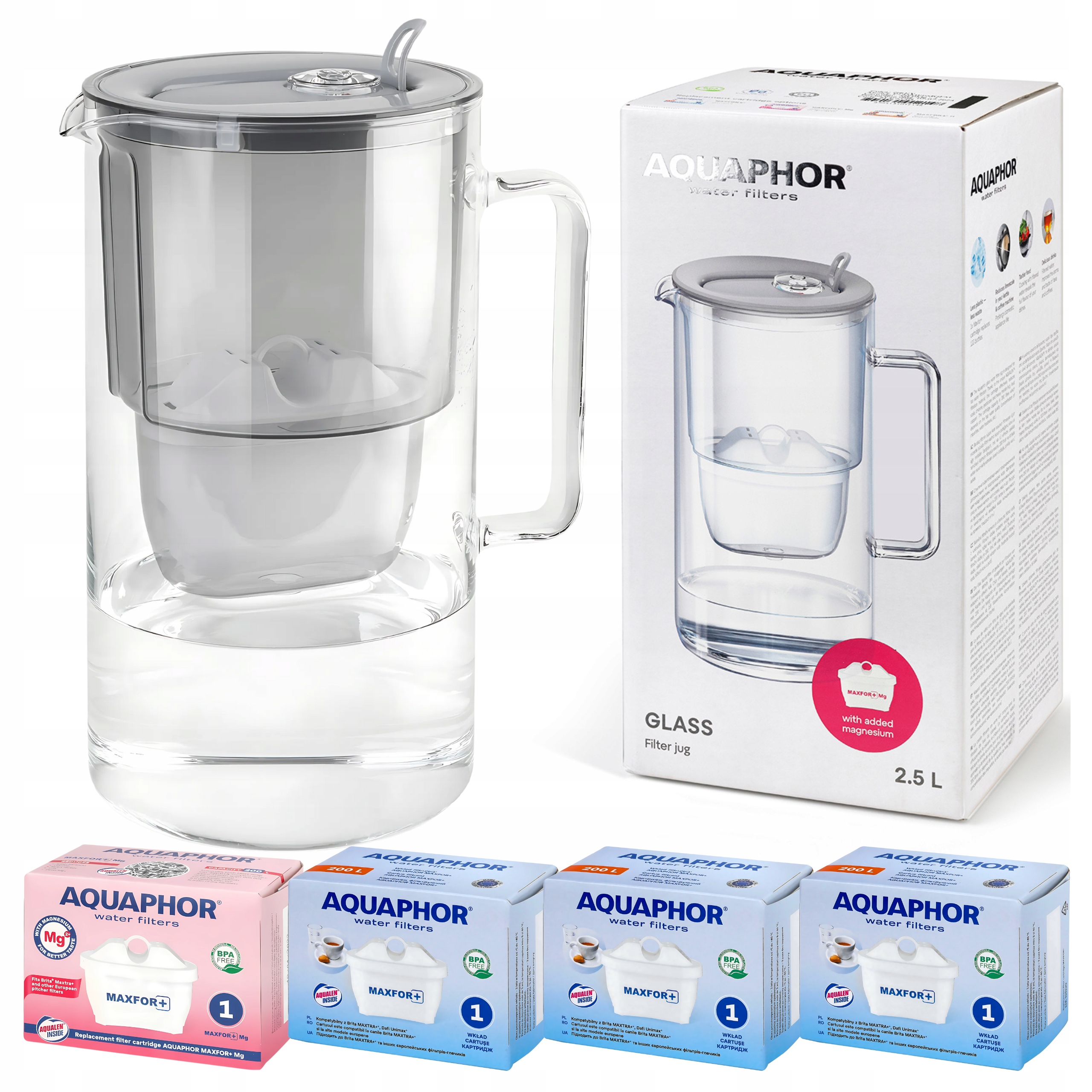 Filtrační konvice skleněná Aquaphor Glass Šedá 4 filtrační vložky Maxfor