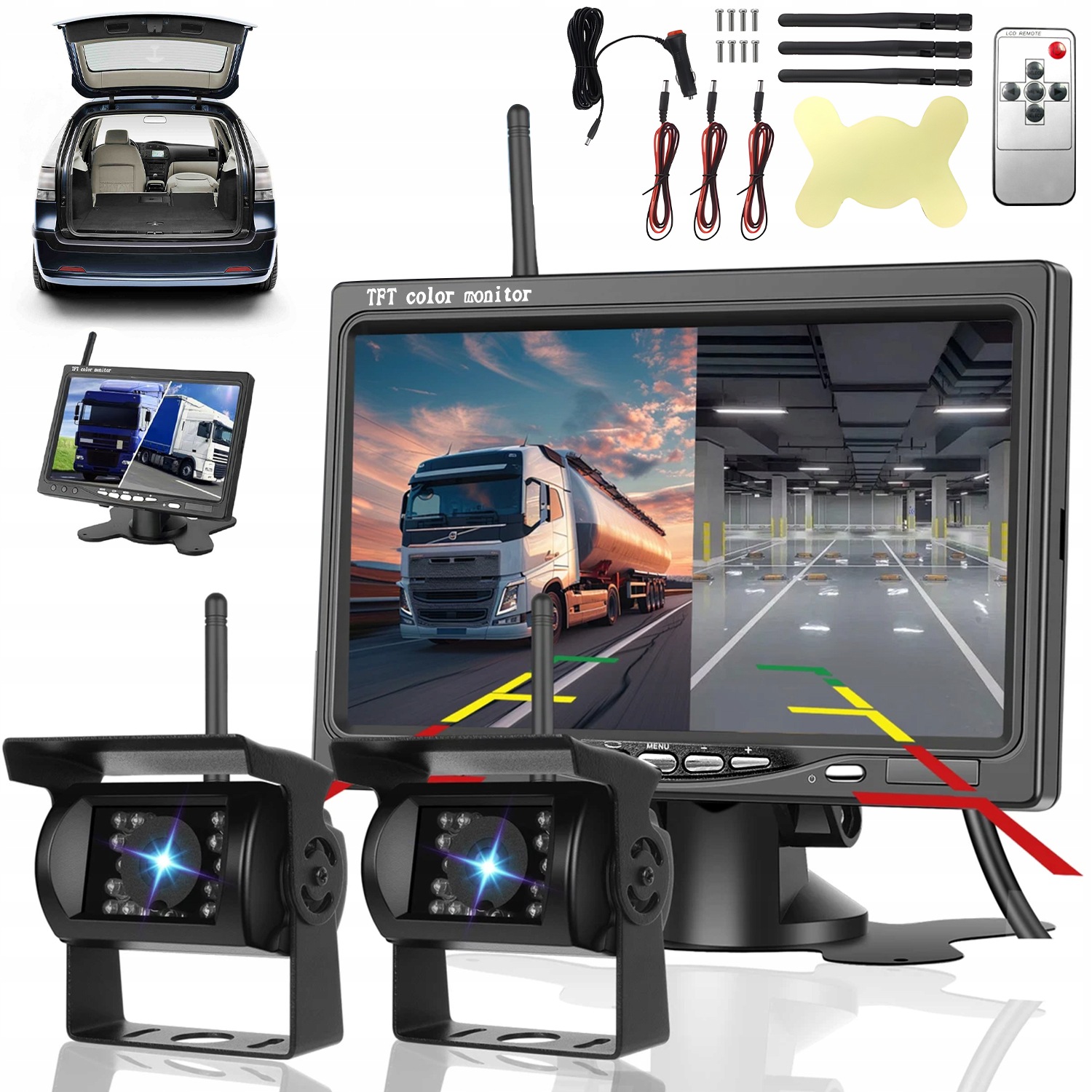 Bezdrôtový Monitor 7''+ 2X 12-36V Busová Kamera IP68 Cúvacie Linky Nočný Režim