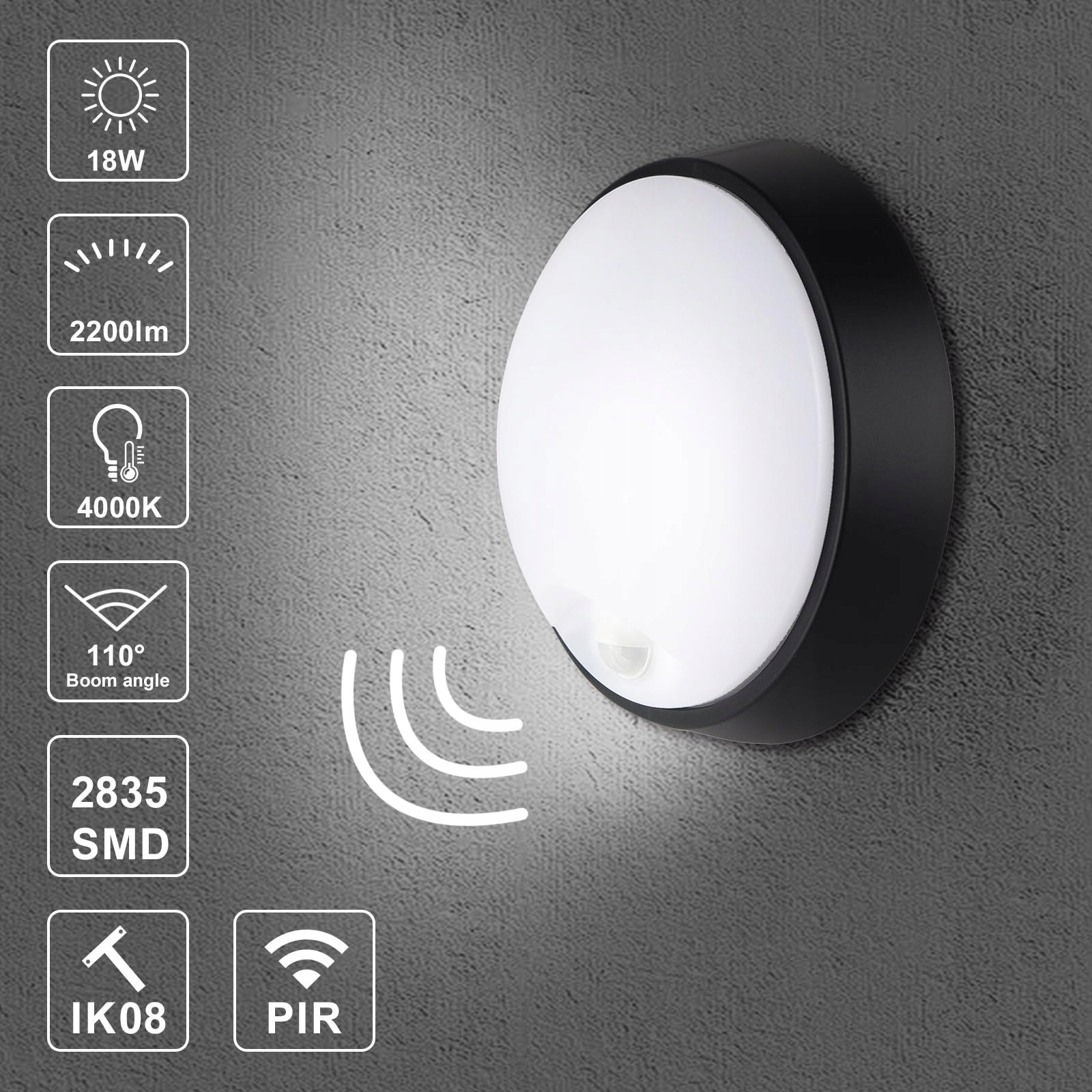 Lampa LED Zewnętrzna Okrągła Z Czujnikiem Ruchu Czarna 18W IP65 MEGACUBE — miniatura 2