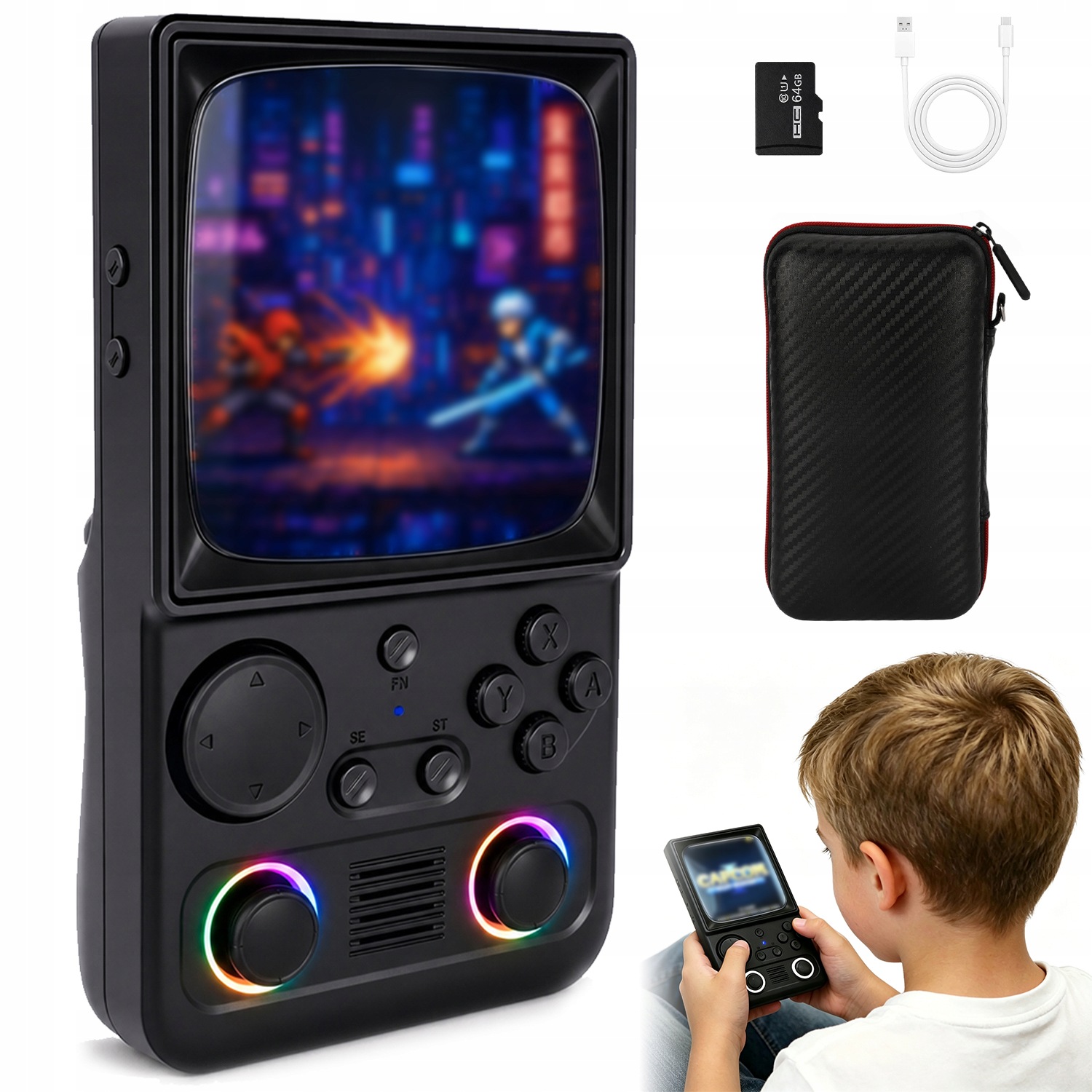 Konsola Do Gier Retro Przenośna 4.0″ Ips 64 Gb Z Joystickiem I Rgb Do Domu