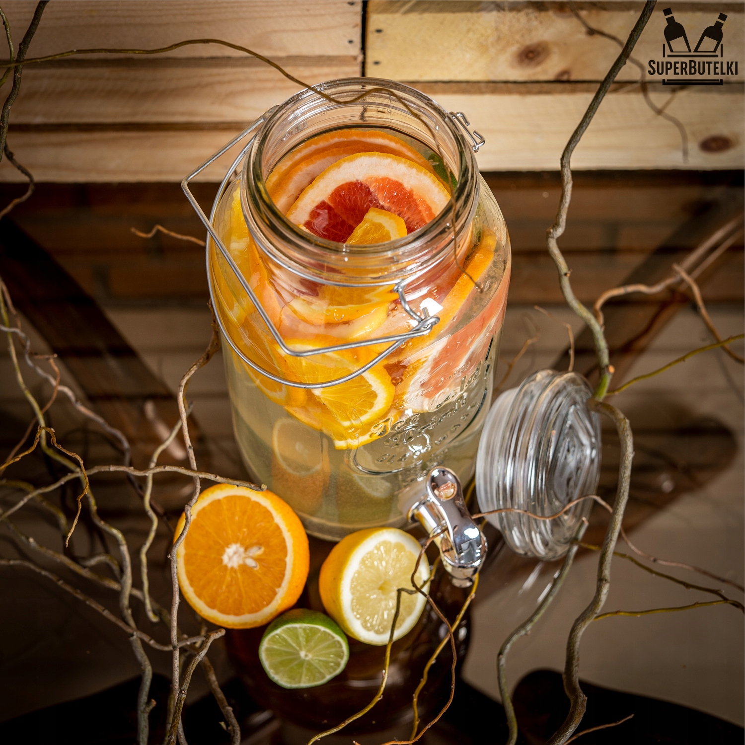 SŁÓJ SZKLANY 4 L + KRANIK na LEMONIADĘ NAPOJE SOK Szerokość 15 cm