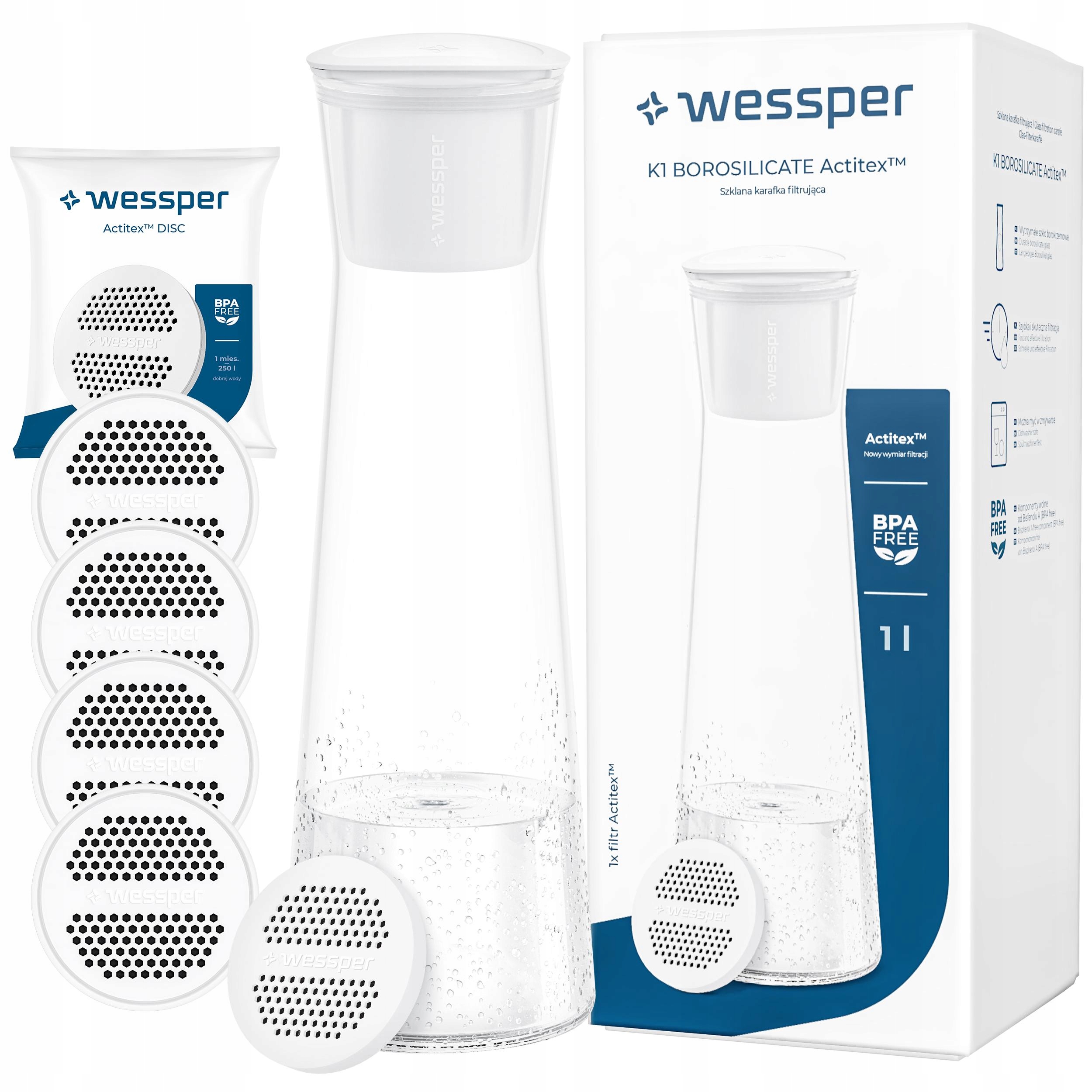 Karafka Szklana na Napoje z 5 Filtrami do Wody Wessper K1 Borosilicate 1L