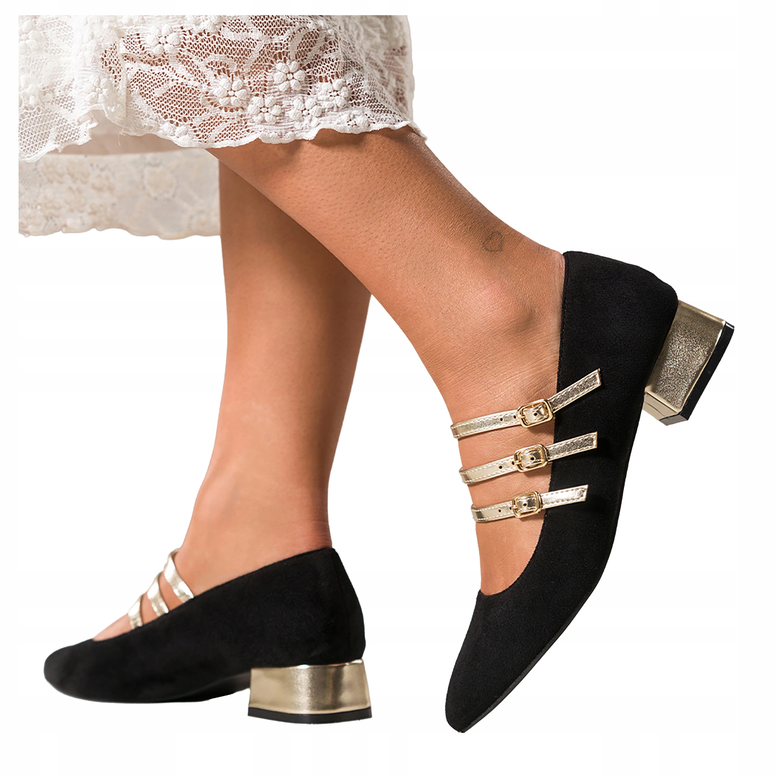 Baleríny Černé Dámské Mary Jane Nízký Podpatek Zlaté Pásky Pohodlné vel 39