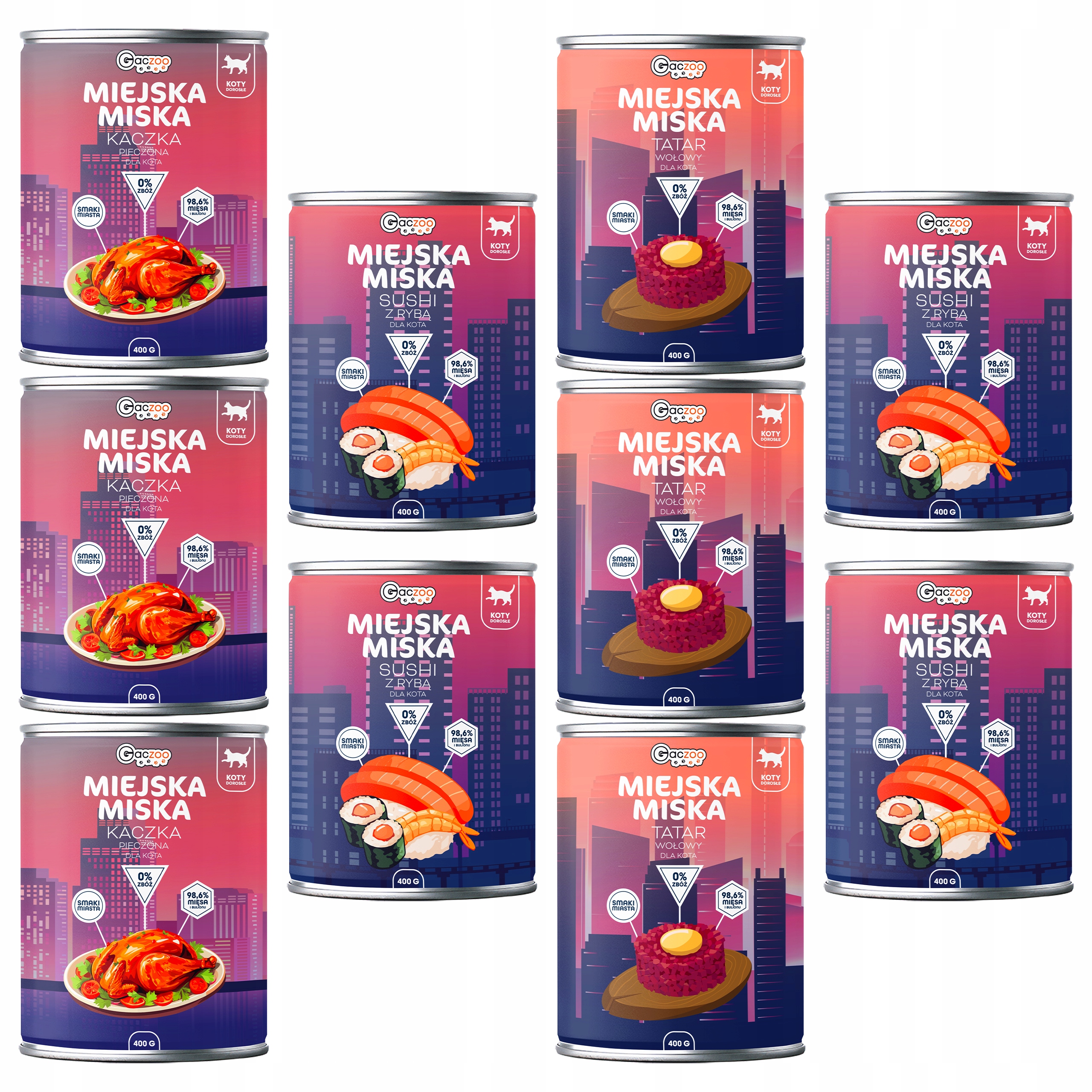 Levně Gaczoo Městská miska bez obilovin krmivo mokré pro kočky mix chutí 10 x 400 g