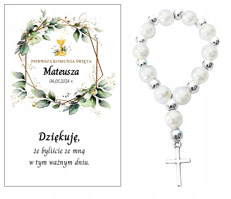 Podziękowanie dla gości RÓŻANIEC DZIESIĄTEK KOMUNIA PAMIĄTKA PERSONALIZACJA