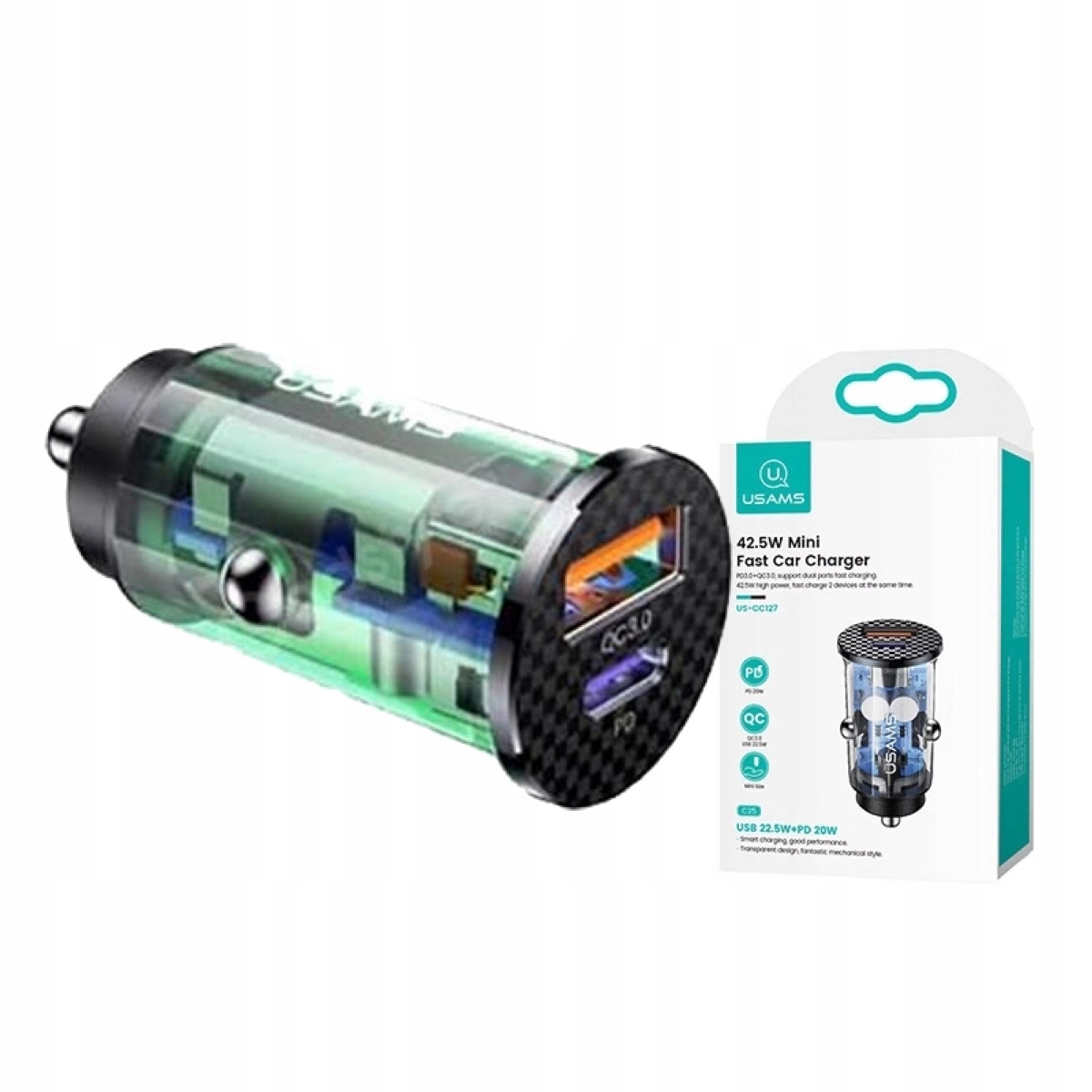 

Usams Ładowarka Samochodowa 42.5W Usb 3.0 + Usb C