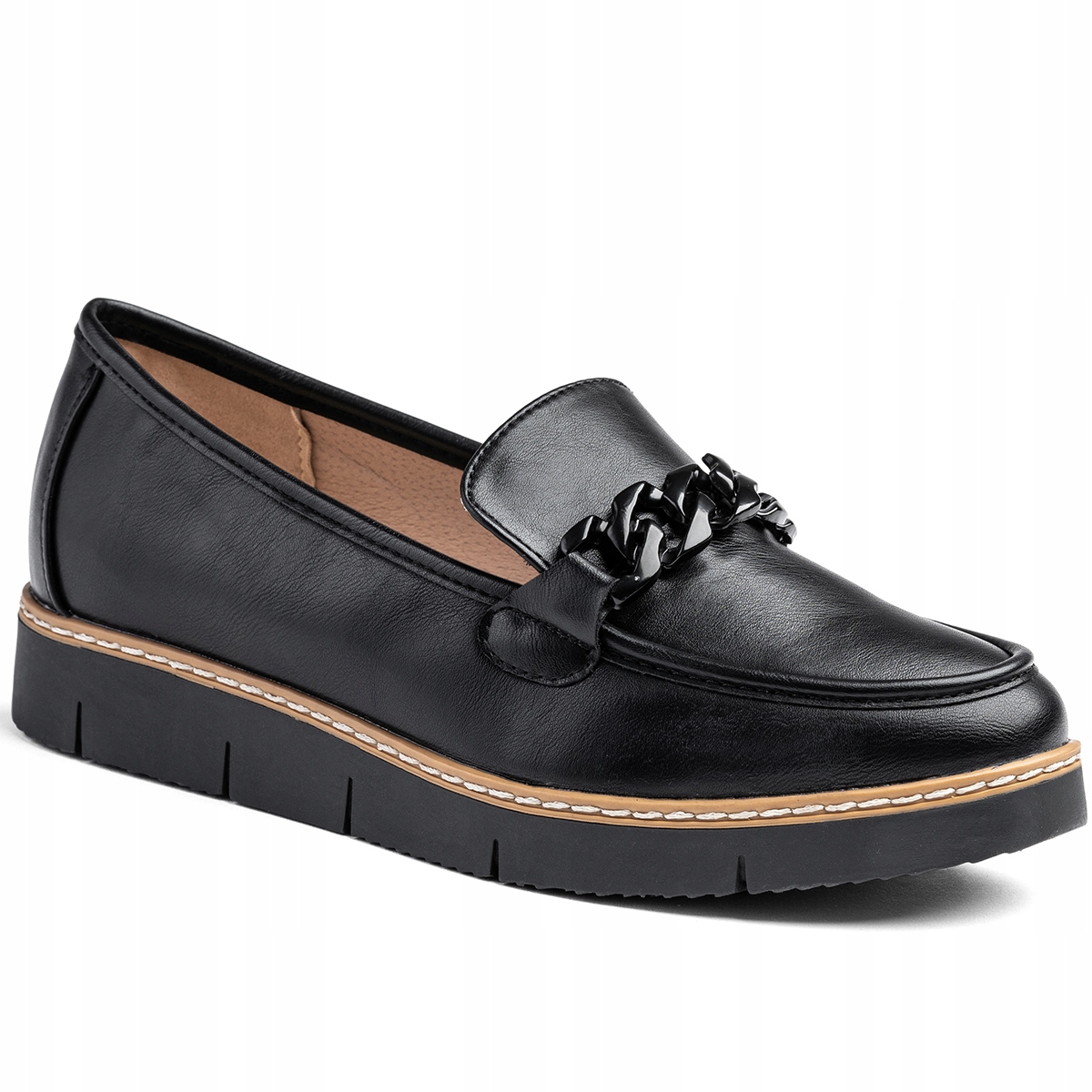 Półbuty w.SKÓRA lordsy platforma mokasyny z łańcuchem Czarne Wojtyłko 38