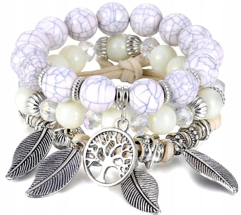 

Komplet bransoletek perełki koraliki listki charms