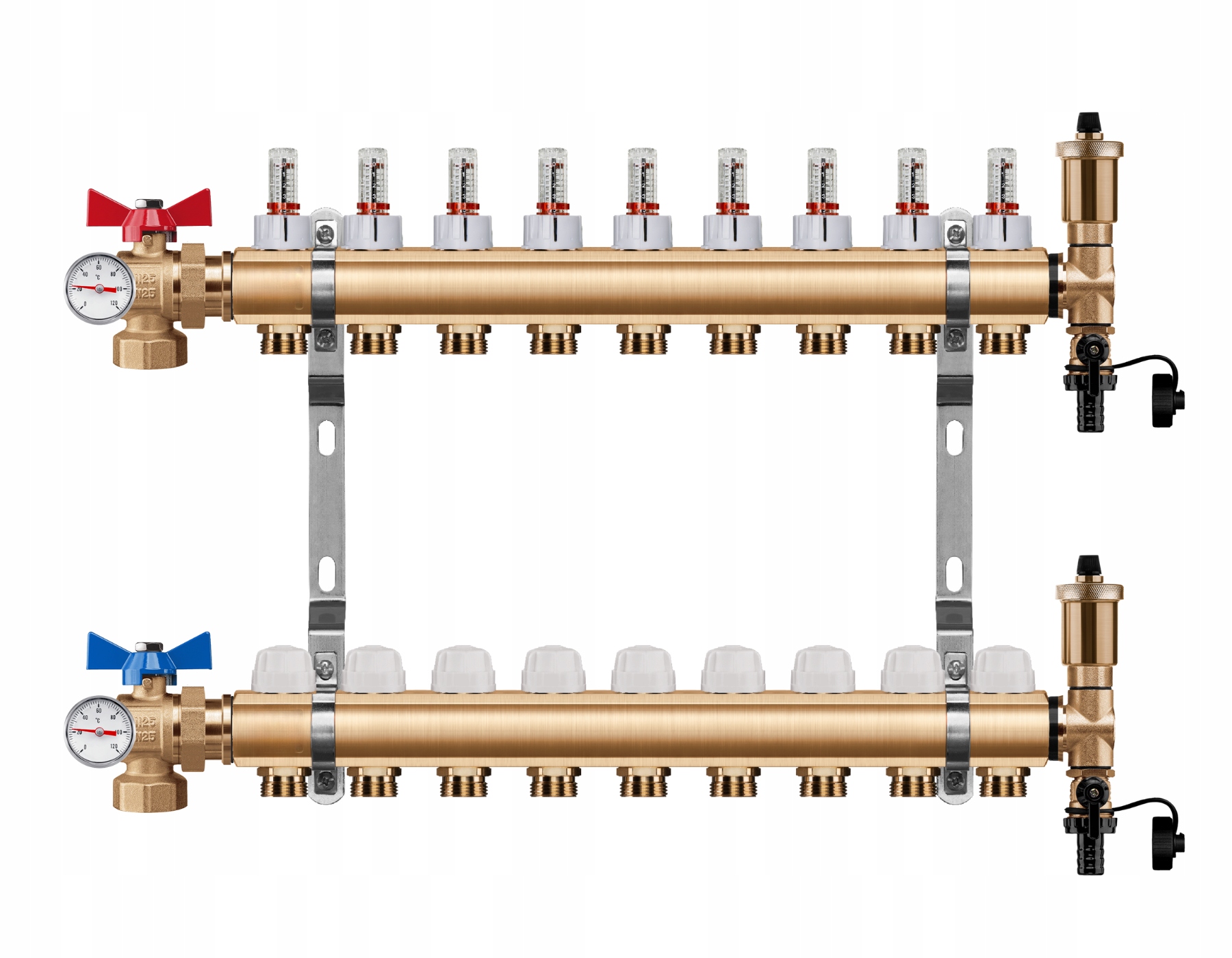 Rozdělovač Podlahy 9 Okruhů Úhlový Kulový Ventil Teploměr Pex