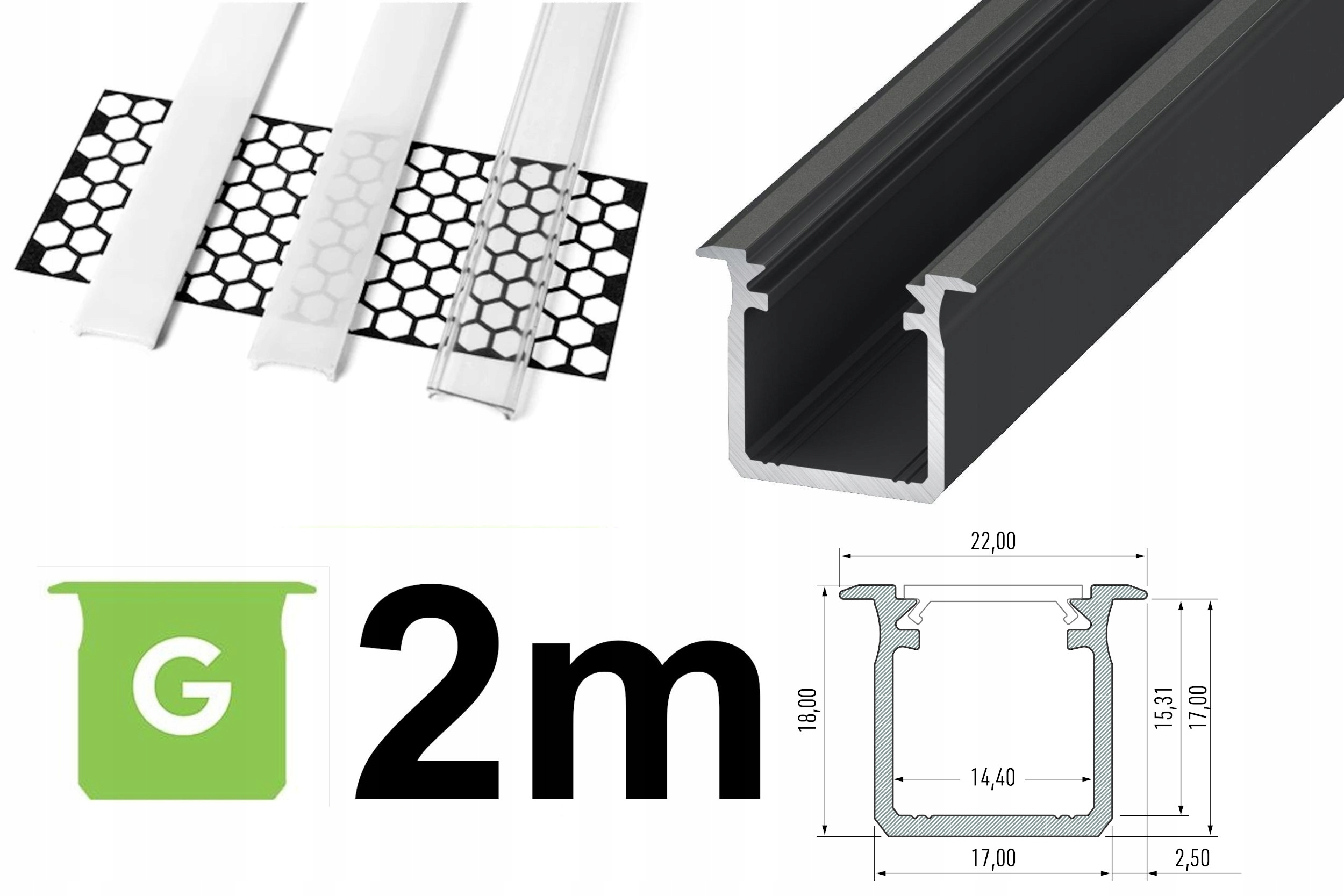 PROFIL LED WPUSZCZANY DO TYNKU G +KLOSZ 2m CZARNY