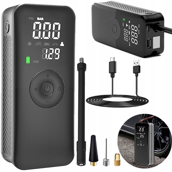 Kompresor Samochodowy Motocyklowy Pompka Bezprzewodowa Rower Powerbank Usb