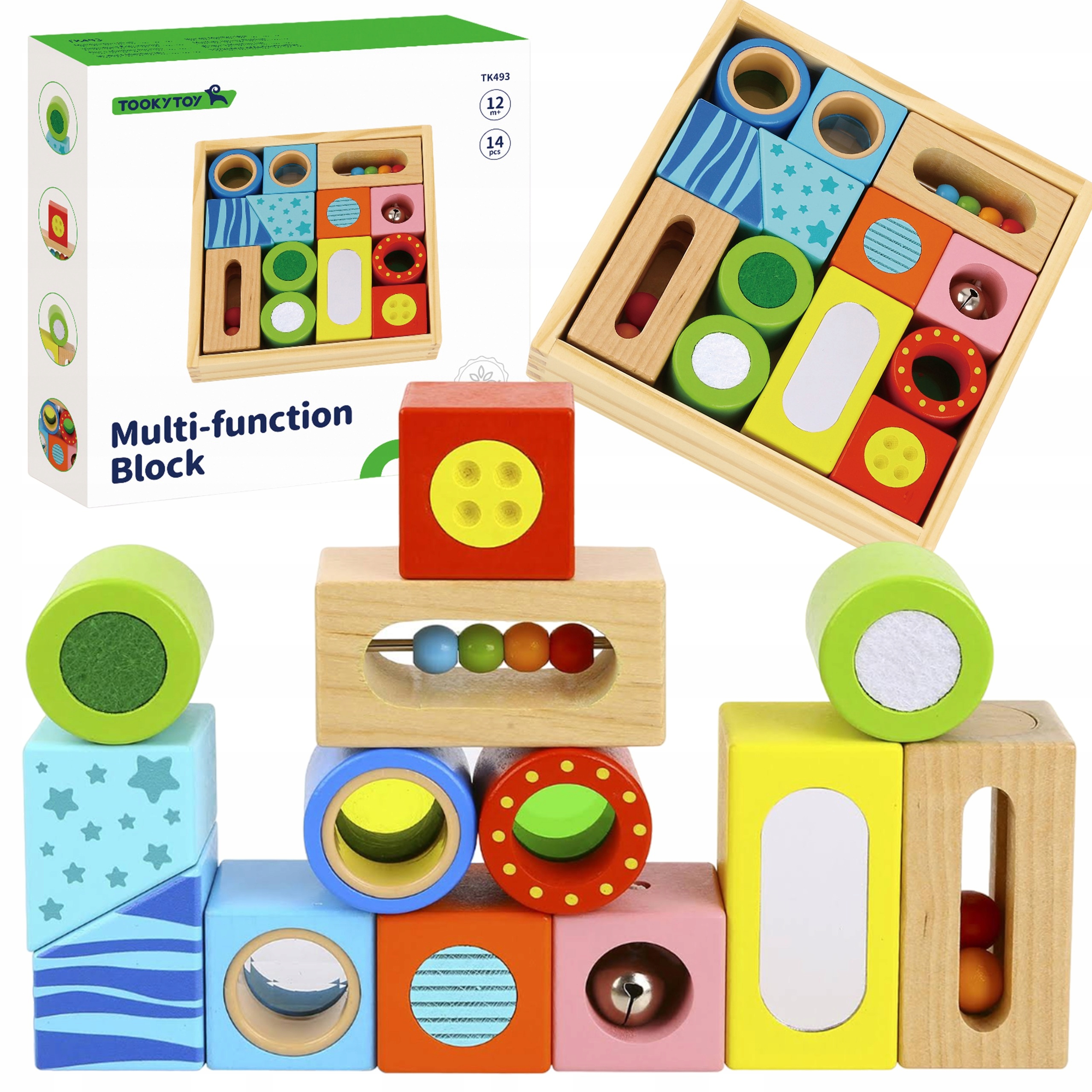 KLOCKI SENSORYCZNE MONTESSORI UKŁADANKA DREWNIANE TRENING MÓZGU TOOKY TOY