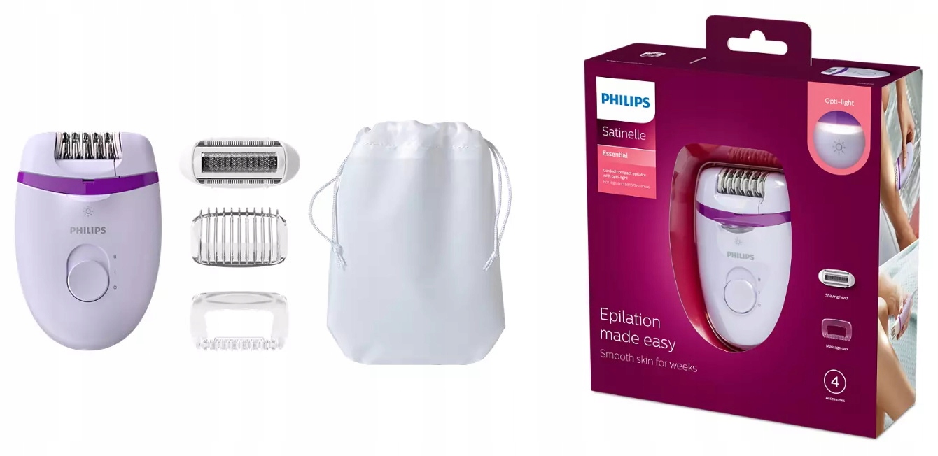 Depilator Philips Satinelle BRE275/00 sieciowy lampka nasadki etui
