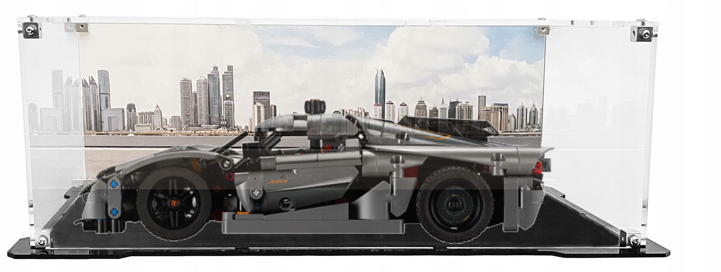 Vitrína s černou základnou a pozadím pro stavebnici Lego 42173 Koenigsegg Jesko