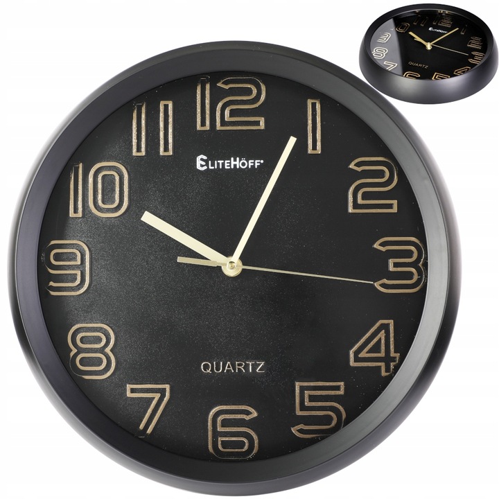 KLASYCZNY ZEGAR ŚCIENNY CZARNO-ZŁOTY OKRĄGŁY 30 CM SUPER CICHY KWARCOWY Typ ścienny