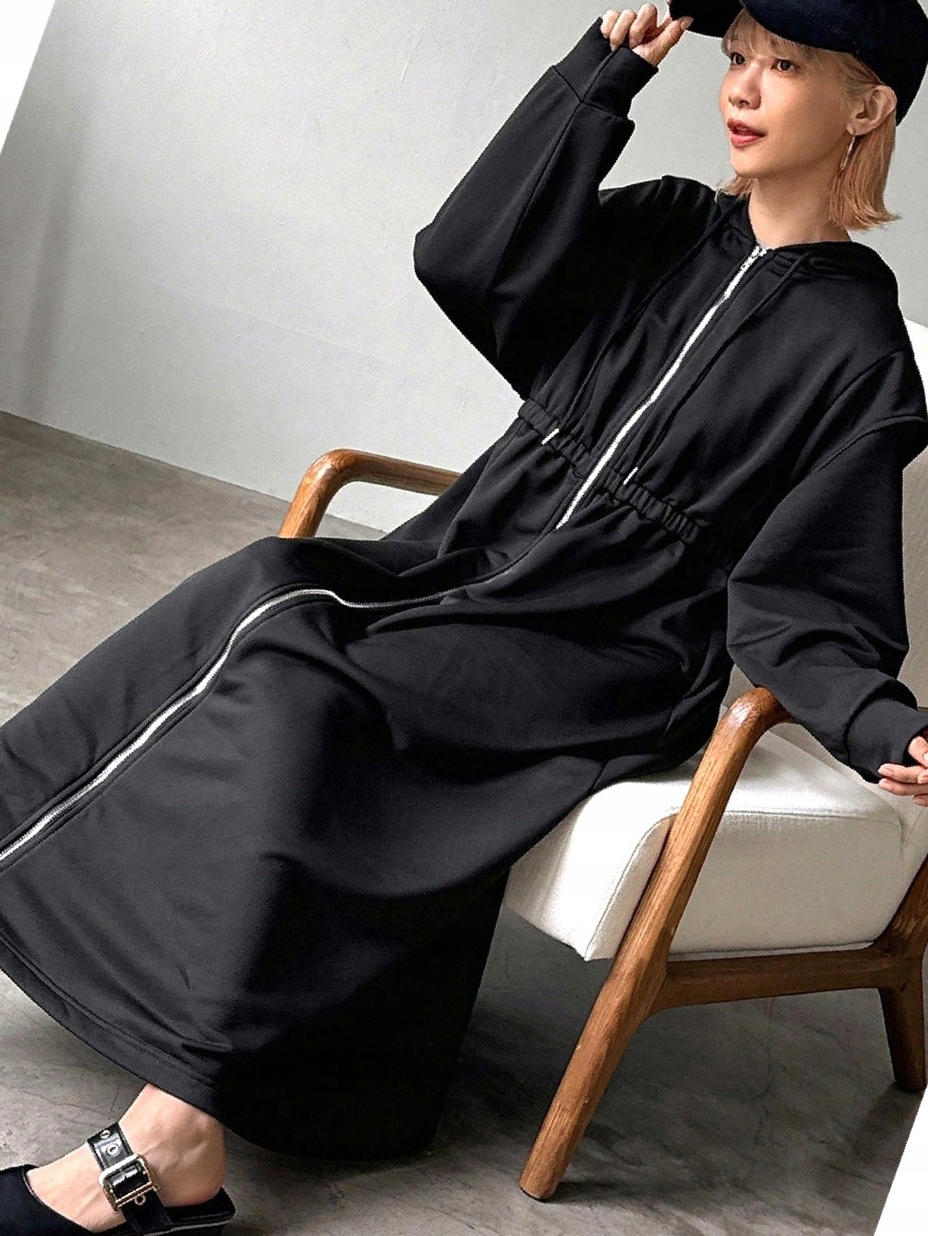 Dresový kabát S Kapucí Maxi Oversize na zip Černý Casual Friful S 36