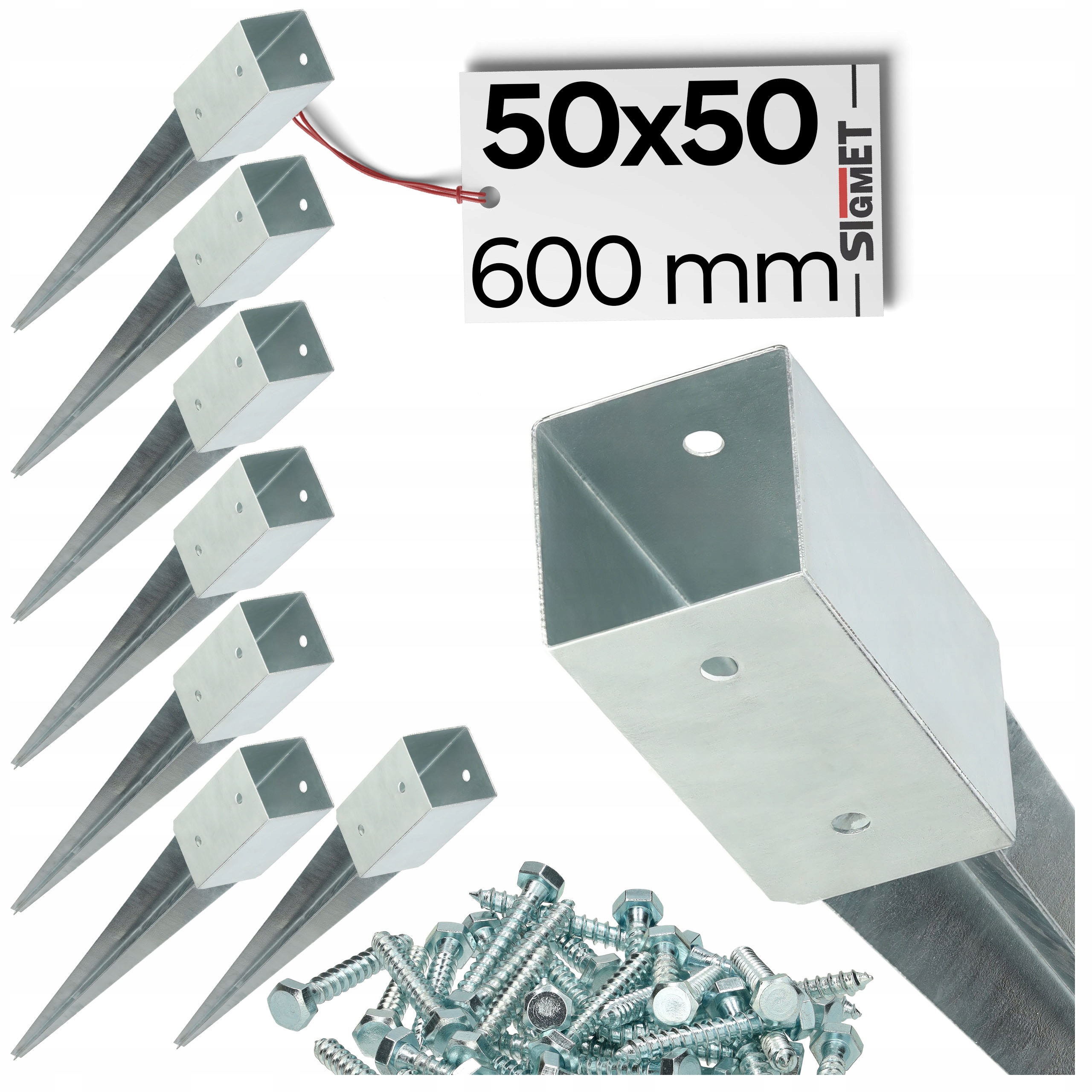 8 x Základna sloupku zapichovací kotvící kolík 50x50 600 mm pozink vruty pro montáž