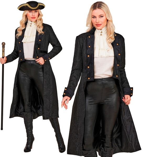 Kostým Viktoriánský Kabát Černý Dámský Steampunk Upír Pirát Halloween M