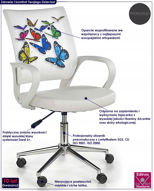 MŁODZIEŻOWY FOTEL OBROTOWY DZIEWCZĘCY BIAŁY MOTYLE Marka inna