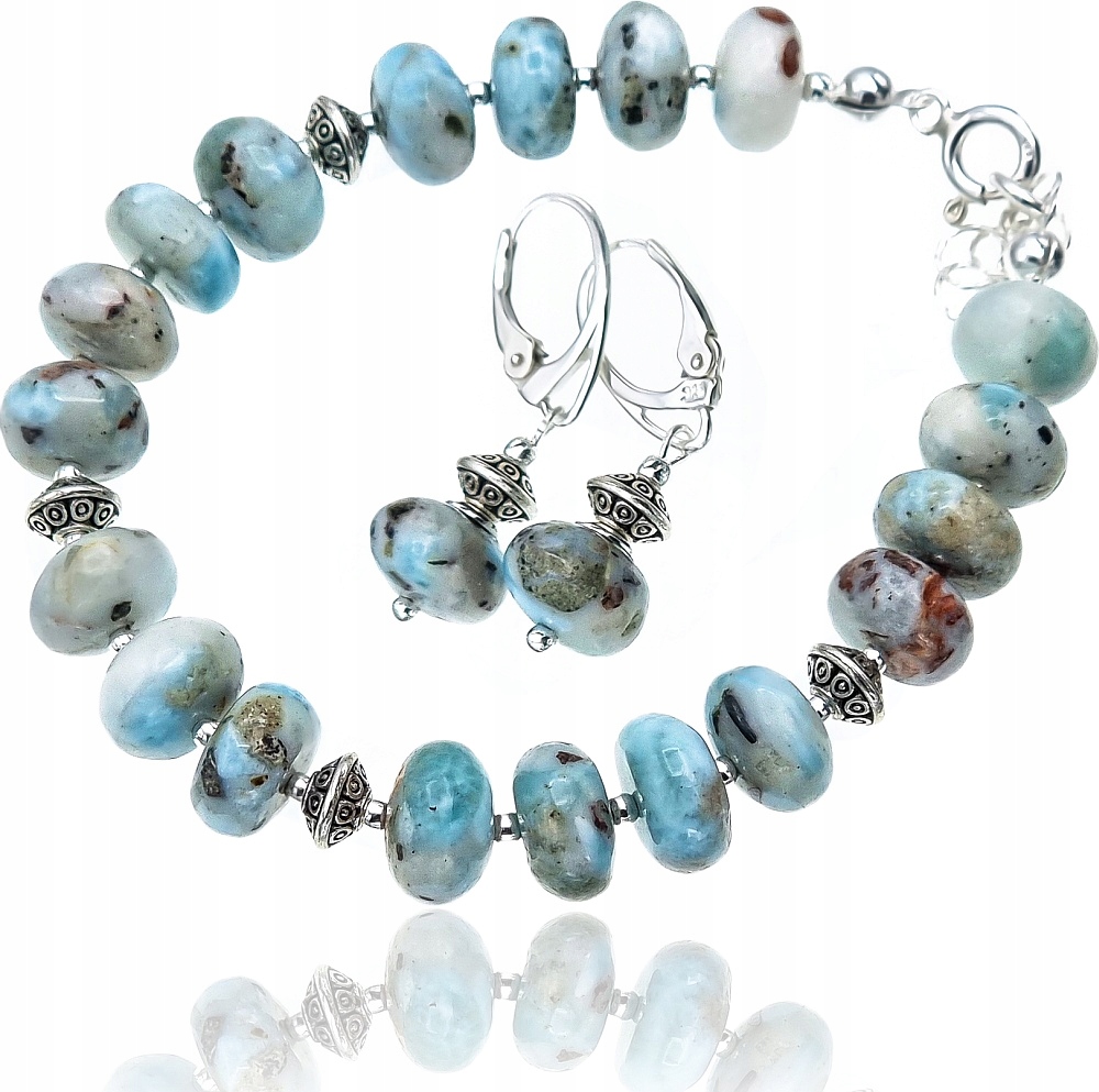 Přírodní Larimar Nádherný komplet Náušnice Náramek Stříbro