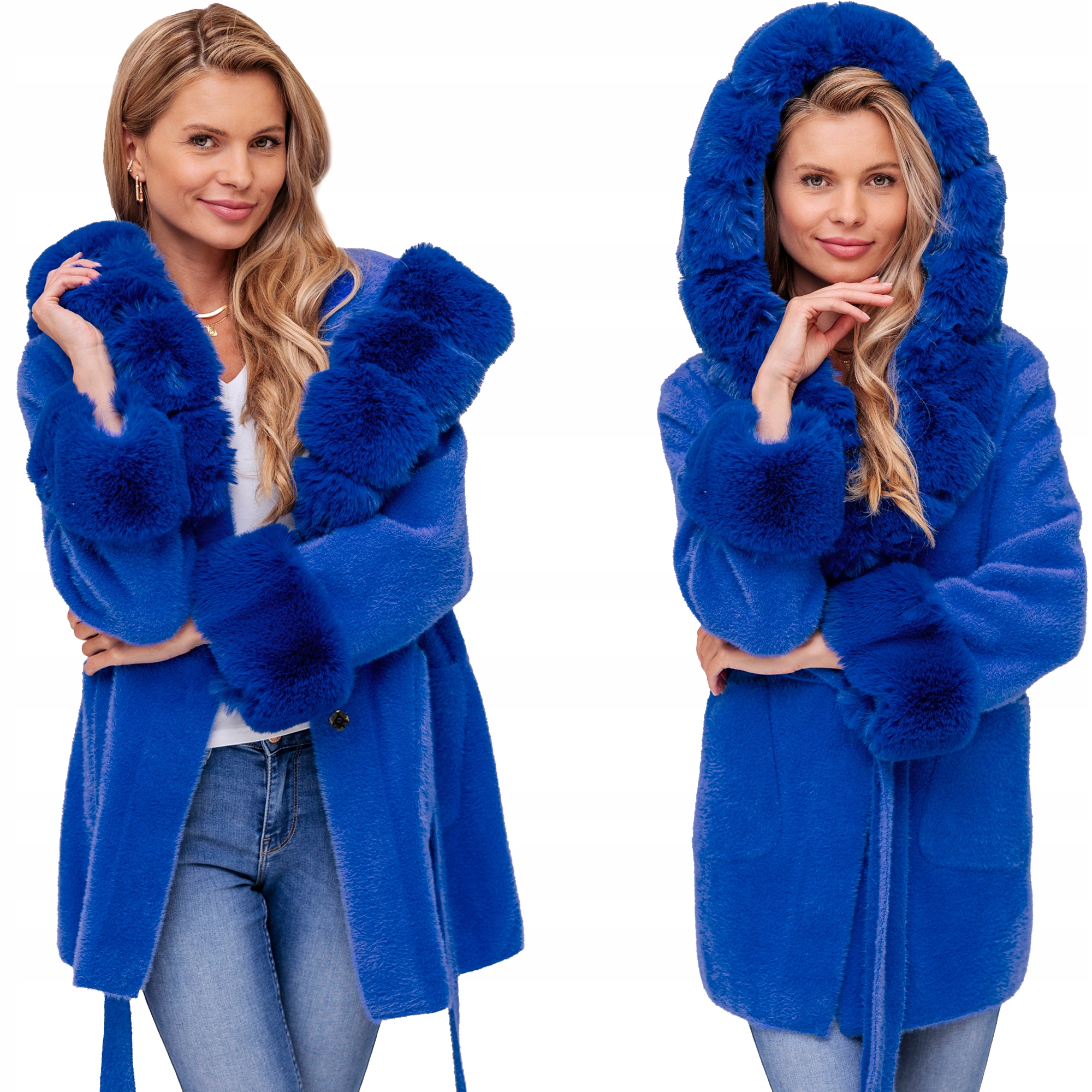 Bella Měkoučký Plášť S Páskem S Kapucí Alpaka S Kožíškem Chrpová