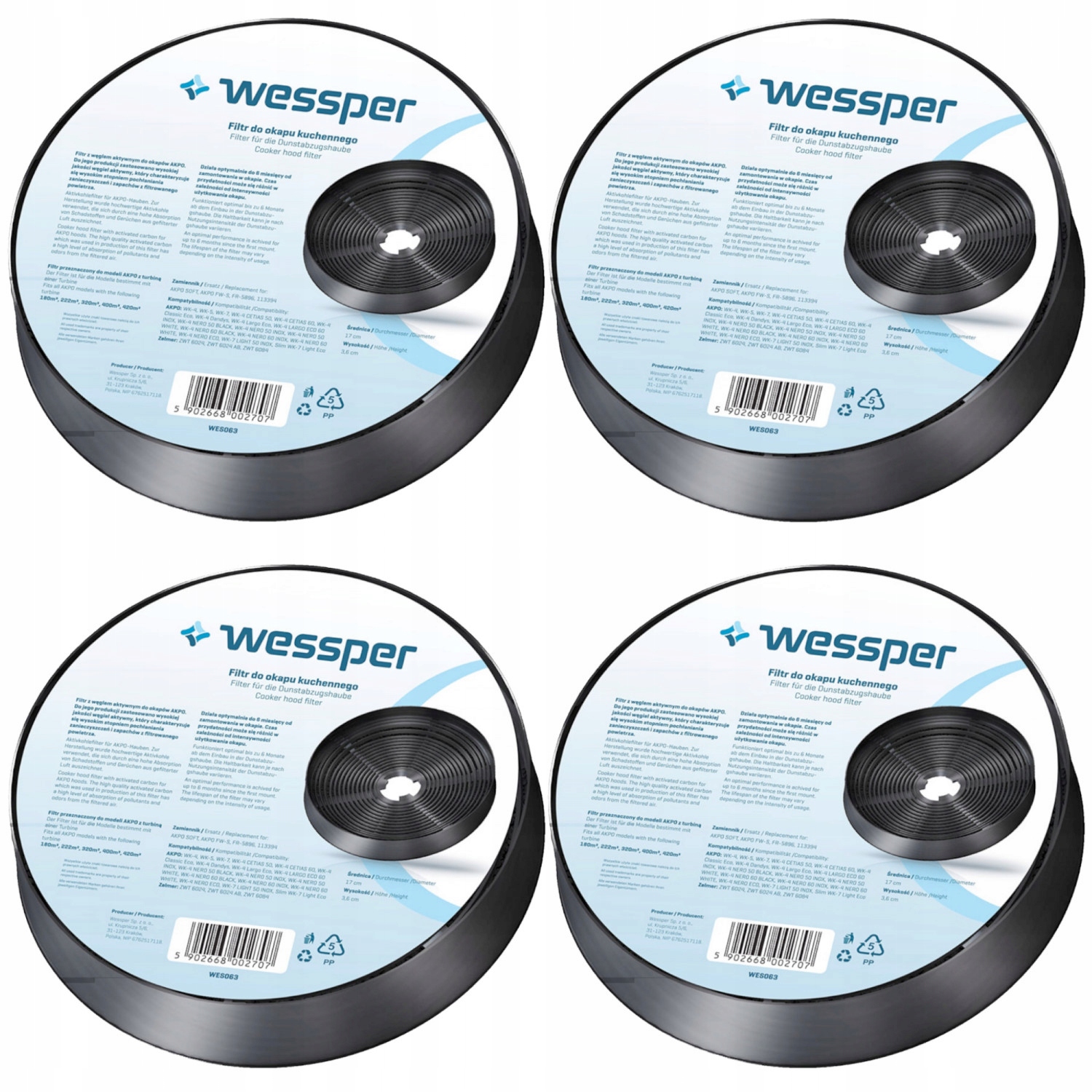 4x Filtr węglowy do okapu AKPO Soft WK-4 WK-5 WK-9 turbina 450m3