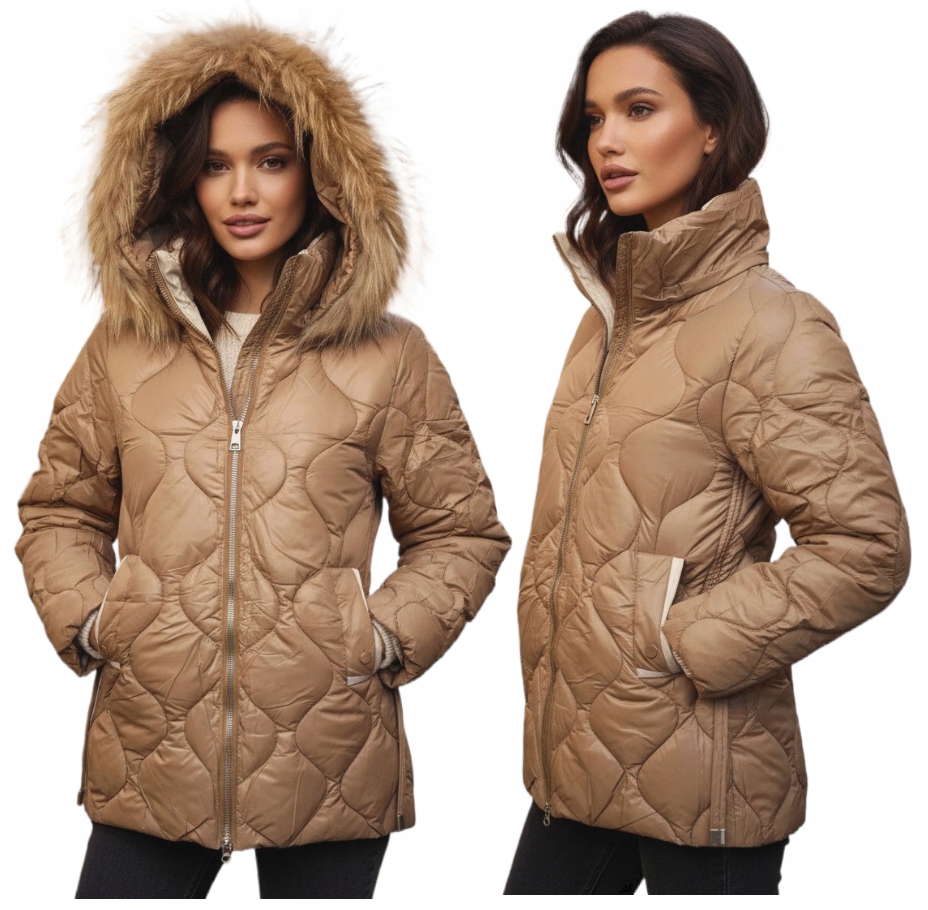 Dámská prošívaná bunda s Kožíšek v pase, odnímatelná kapuce Kapuce teplá XL