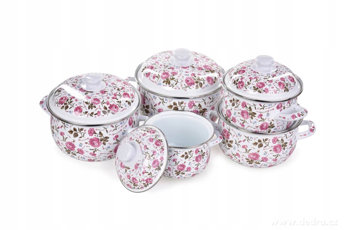 Dedra 10 dílná sada smaltovaných silnostěnných hrnců s poklicemi, květinový