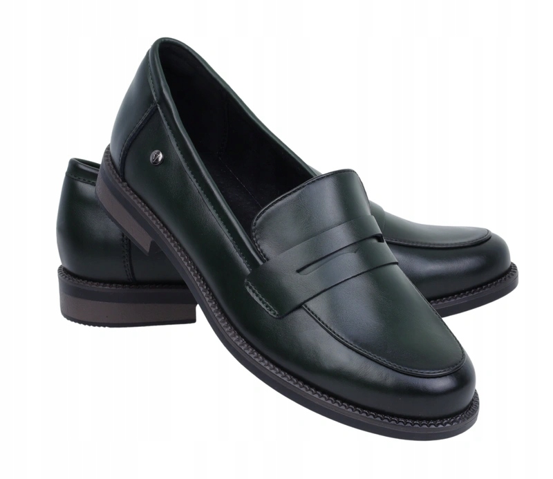 Ciemnozielone mokasyny damskie skórzane loafersy klasyczne półbuty Vinceza