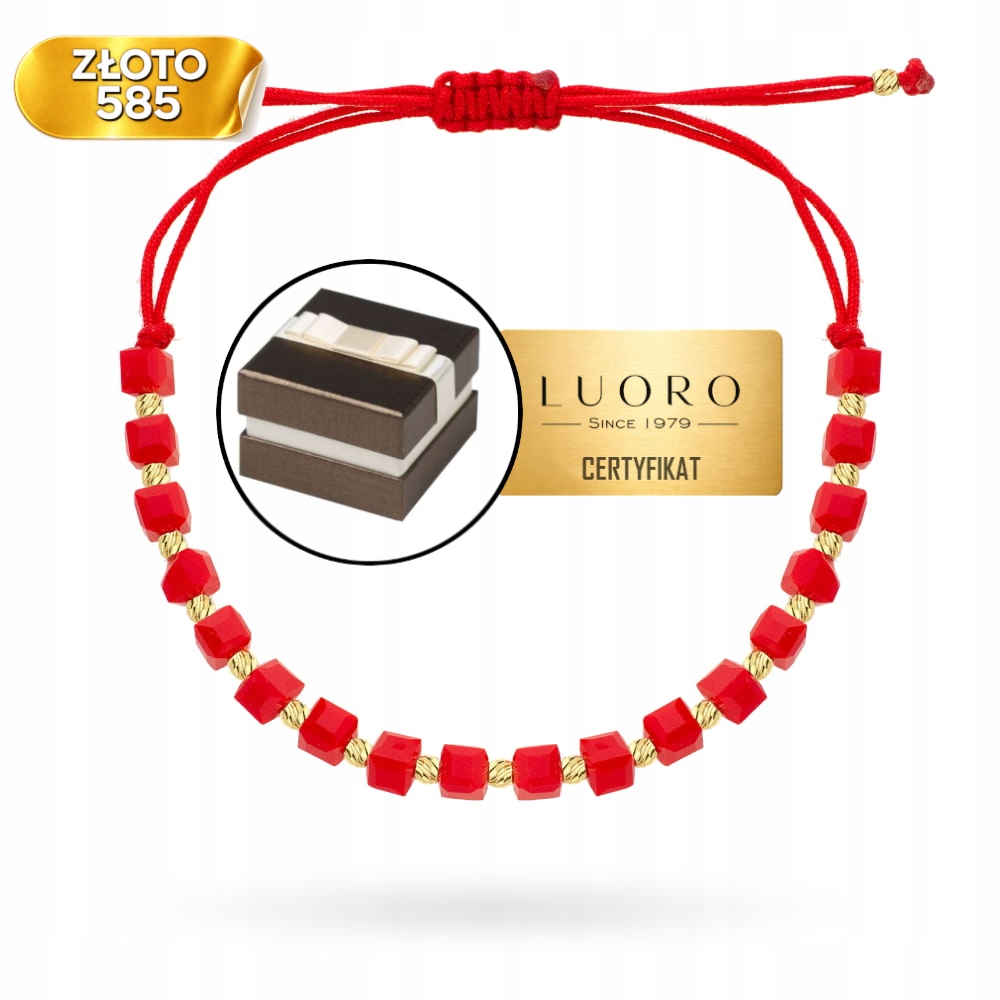 Náramek Zlatý 585 14K Diamantové Kuličky Červené Kameny Nastavitelný 2