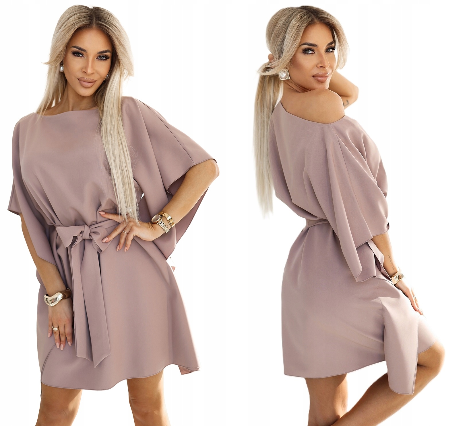 Volné Vázané Šaty Motýl Asymetrické Rukávy Mocha Mousse 2XL/3XL