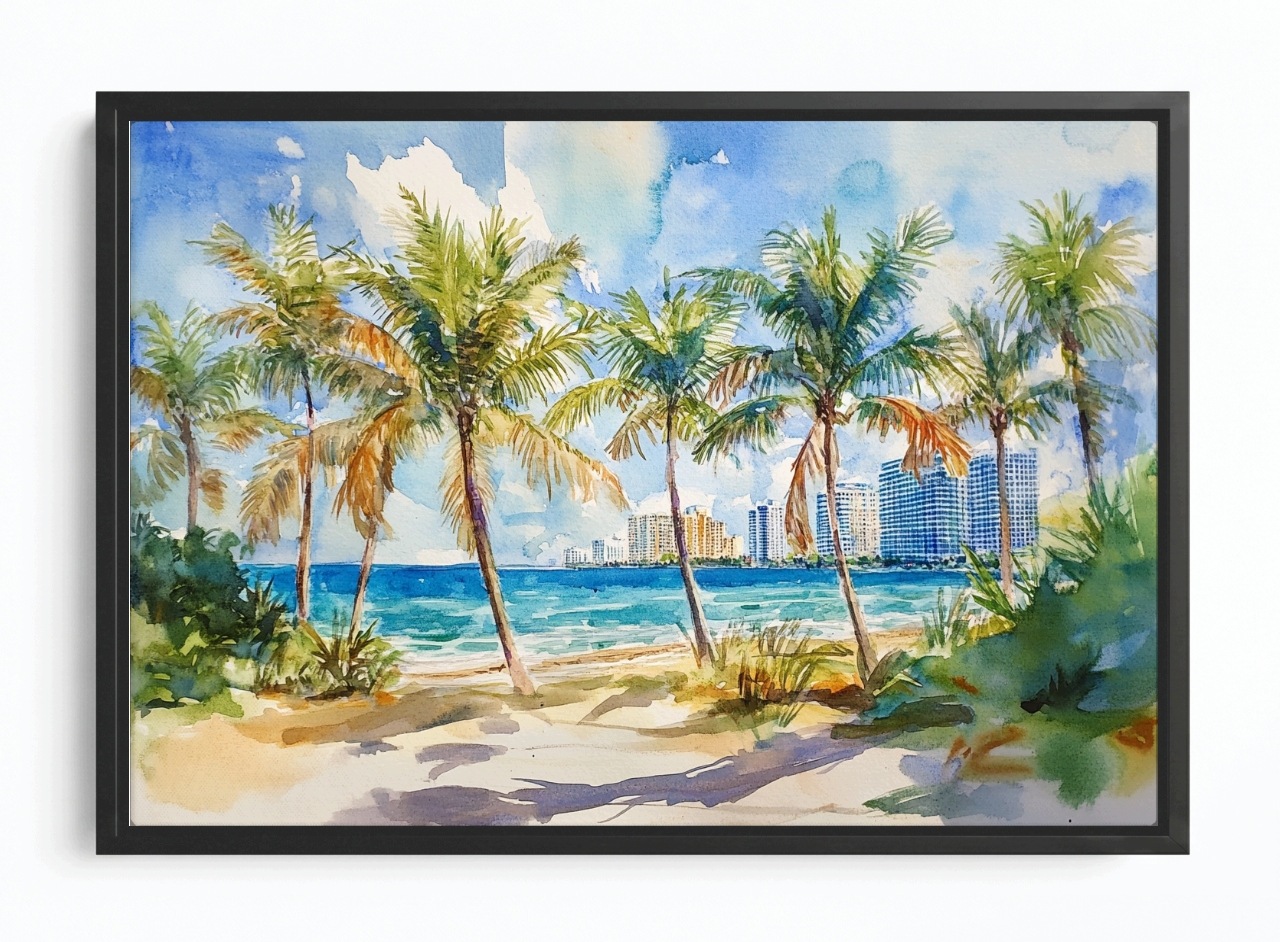 Obraz Rama American Box Pohled Na Pláž Oceán Palmy Miami Beach Florida 120x80