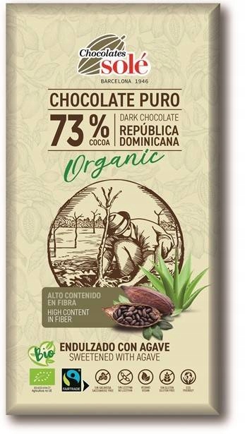 Hořká čokoláda 73% kakaa slazená agávovým sirupem Bio 100 g Sole