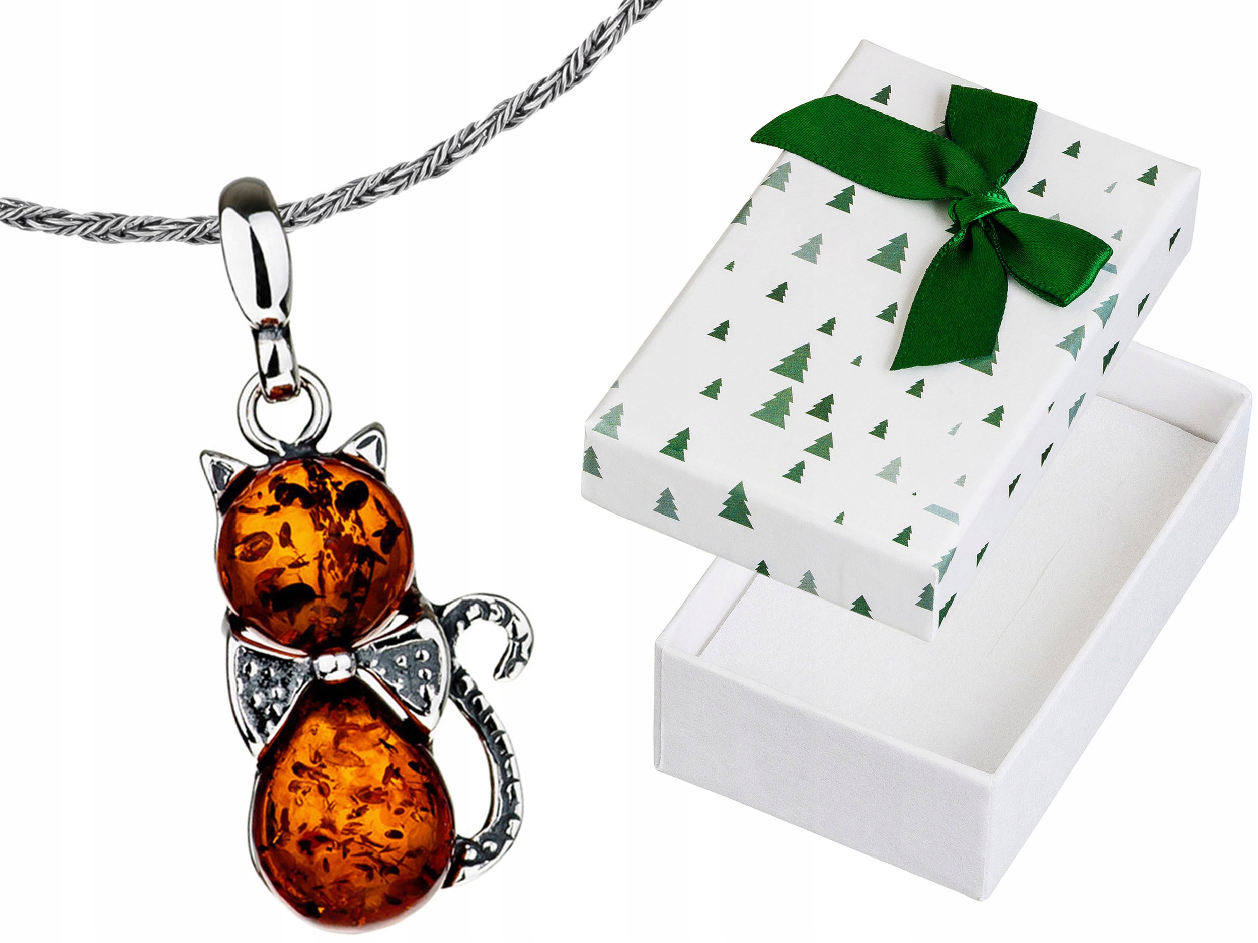 Dlouhý Stříbrný Oxidovaný Dámský Náhrdelník Kočka s Jantarem Koťátko Stříbro 50