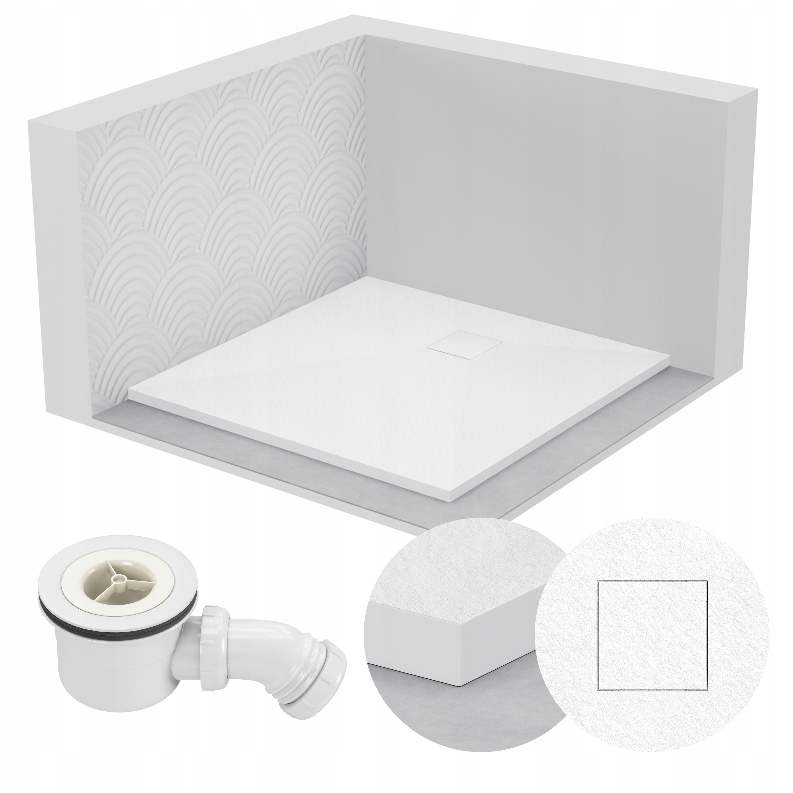 Sprchová vanička čtvercová 80x80 kamenný vzor 2,6 cm bílá sifon