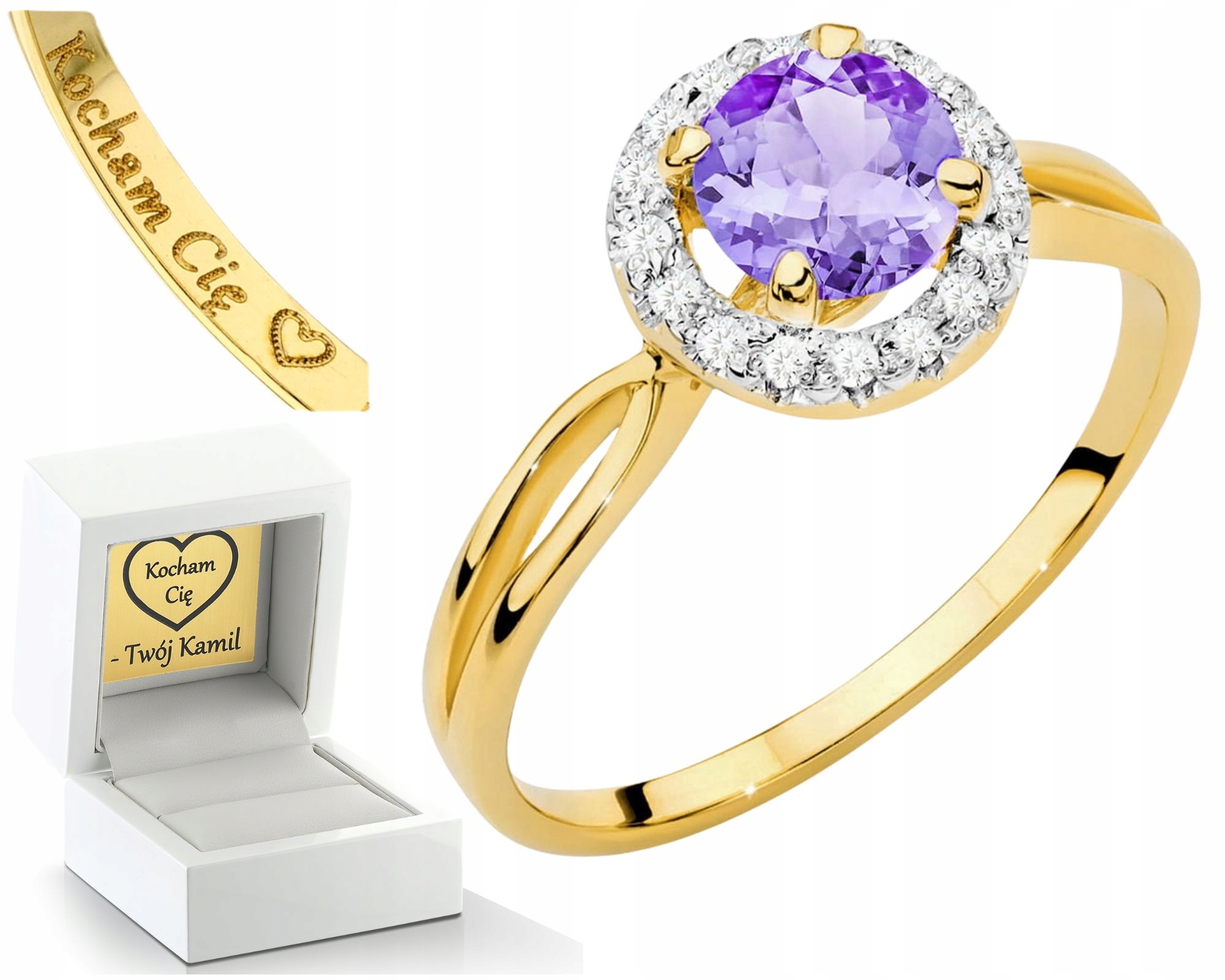 Prstýnek Prsten S Ametystem A Diamanty 585 14K Zlato Jako Gravírování S Dárek