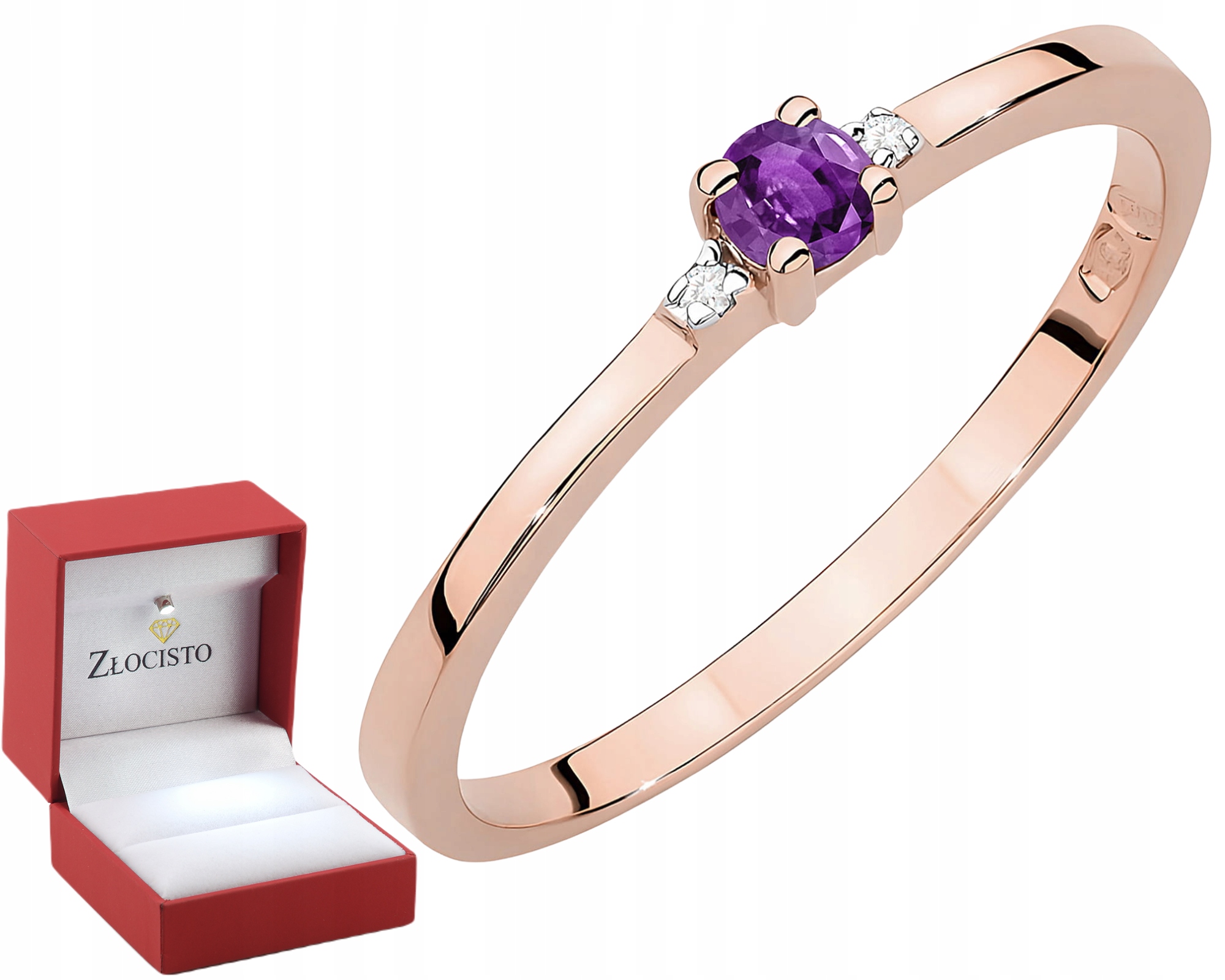 Rozové zlato Prsten s ametystem a brilianty Proba 585 S Gravírováním