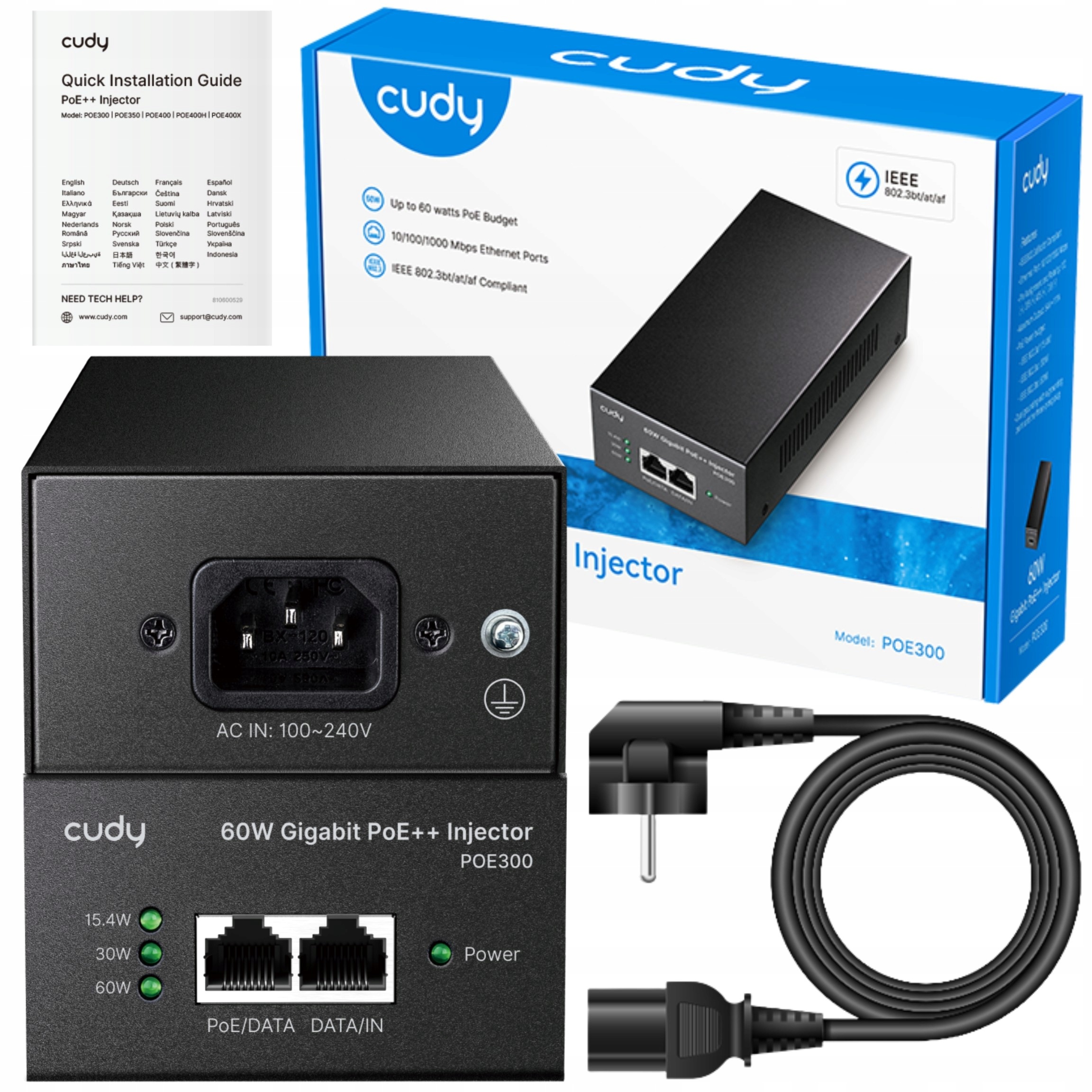 Napájecí adaptér Poe++ Cudy POE300 1Gb/s 802.3at 48V 60W RJ45 dosah 100 m