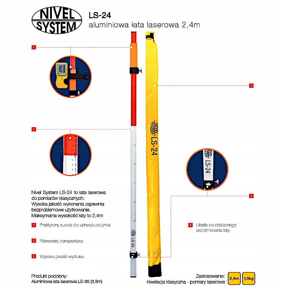 Łata laserowa niwelacyjna 240cm NIVEL SYSTEM LS-24 Długość 1.31-2.4 m