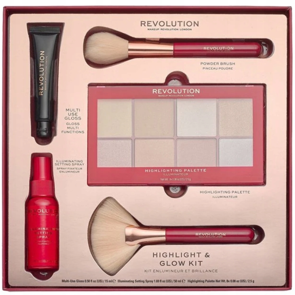 Revolution Sada kosmetických přípravků Setting Spray Paleta rozjasňovačů Štětce