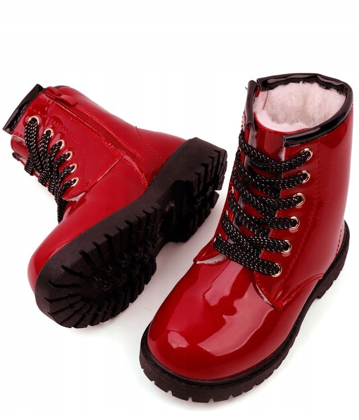 Kids Lustrzane Trzewiki Botki Ociepl Czerwonym r27 Długość wkładki wew. 16.5 cm