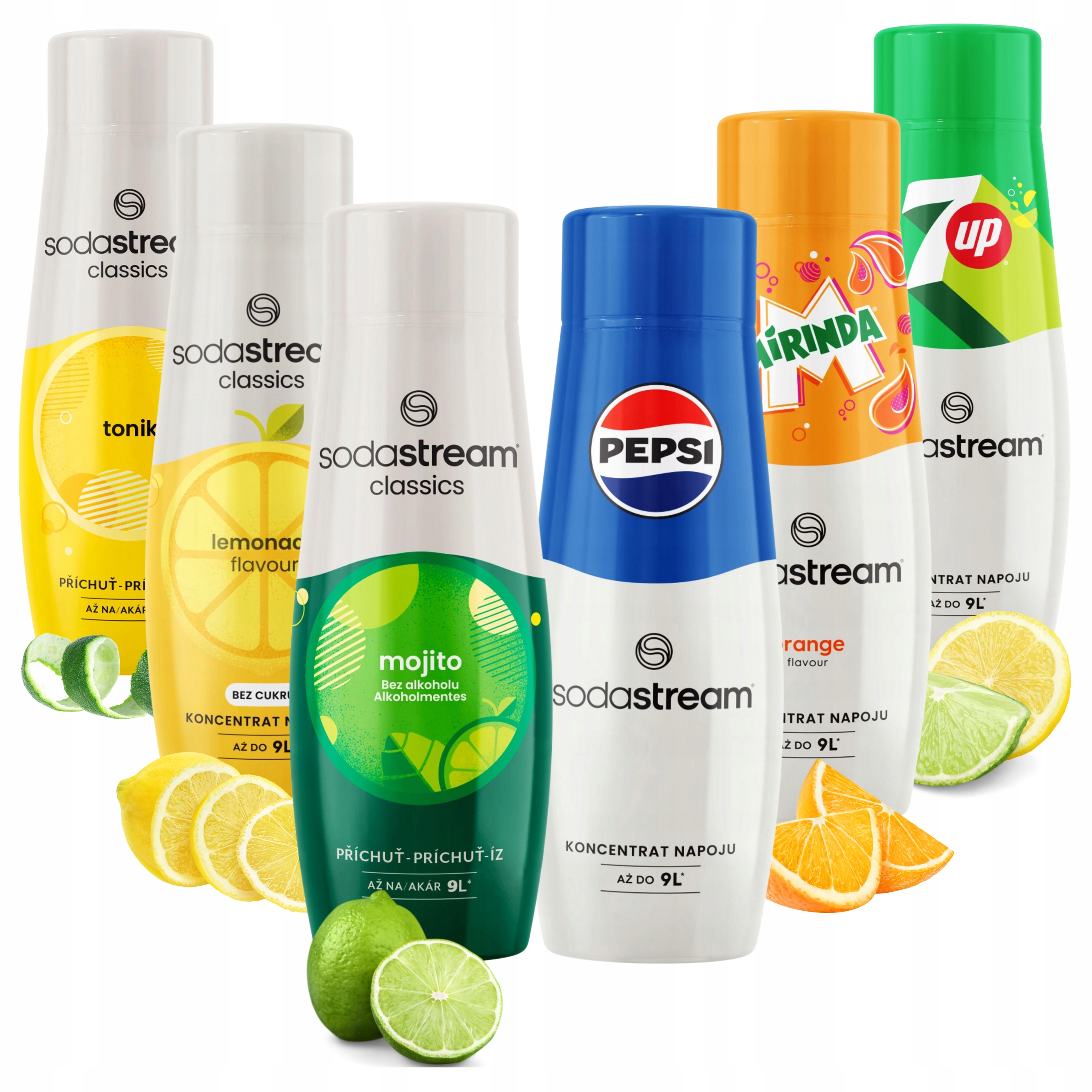 Levně 6 x sirup do vody SodaStream Pepsi, Mirinda, 7UP, Limonáda, Mojito, Tonik