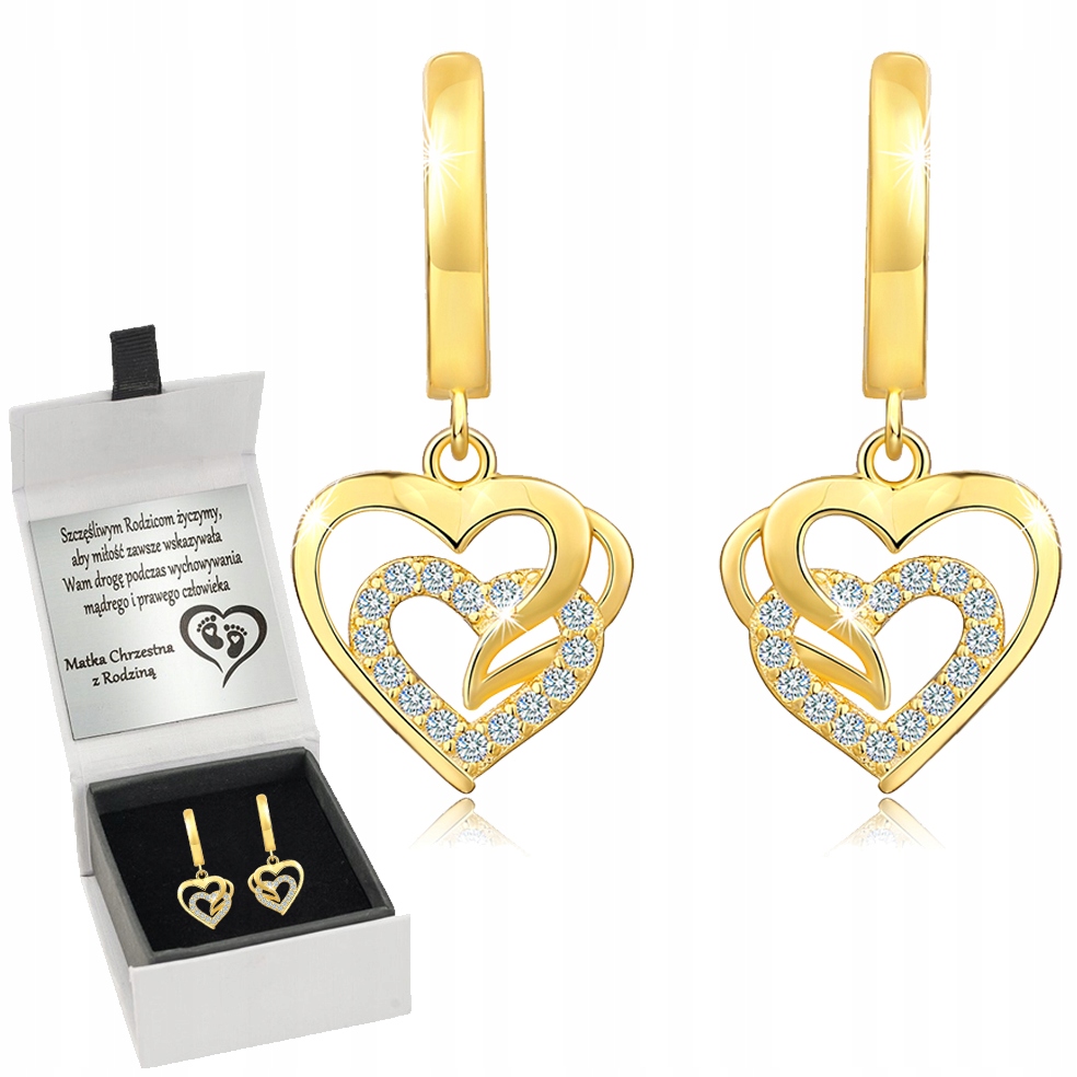 Złote Kolczyki Wiszące Serca Srebro Grawer