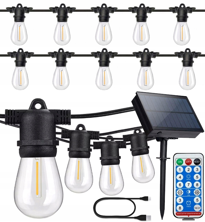 Girlanda solarna LED ogrodowa 15m + 15x E27 LED filament + pilot