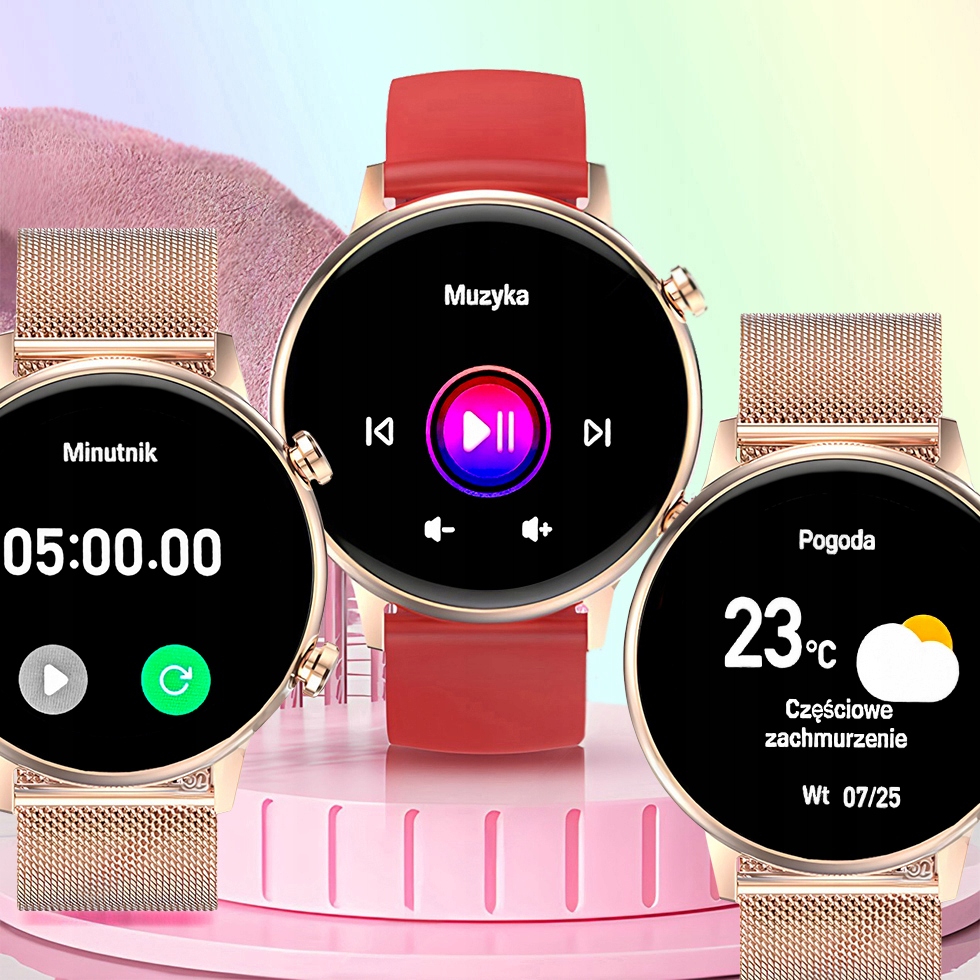 SMARTWATCH ENTER PL MENU RÓŻOWE ZŁOTO MESH + PASEK Funkcje Bluetooth Budzik Chronograf Datownik Ekran dotykowy GPS Krokomierz Monitor pracy serca Stoper Timer